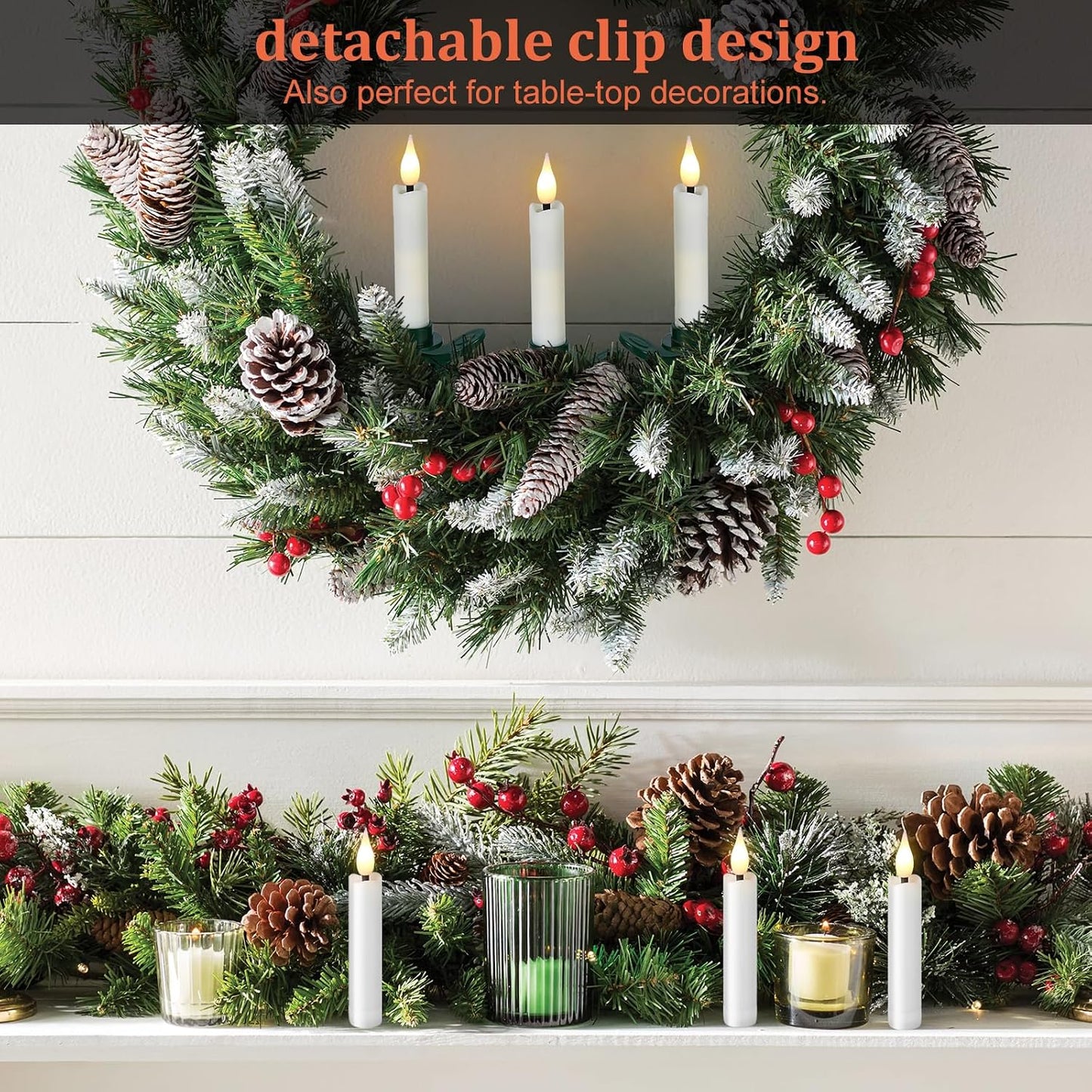 IMAGE 12Pcs LED Taper Candles Light Set Flameless 3D Wick Ivory Candles with Clip-on Christmas Tree Design, 10-Key
