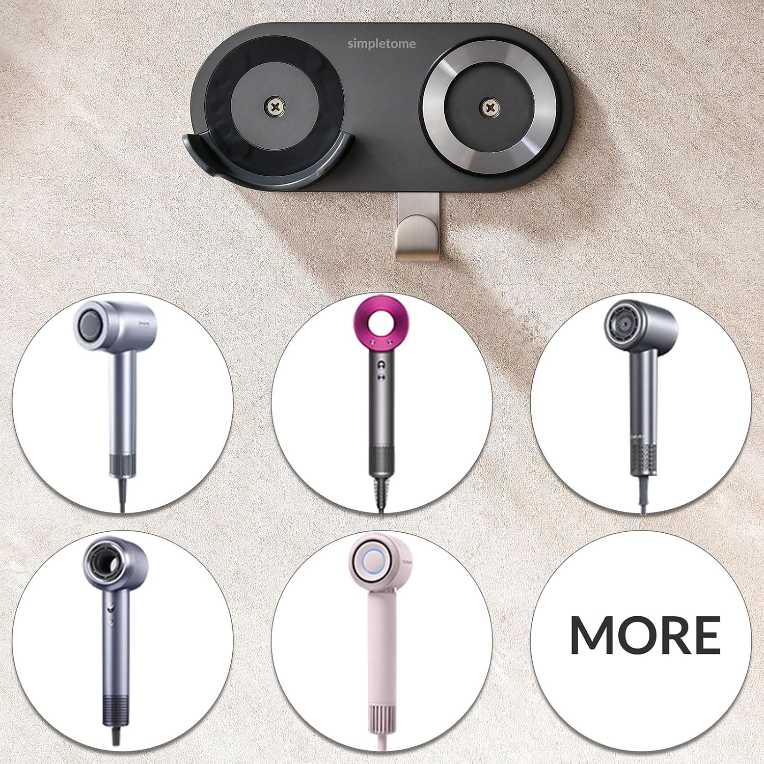 Magnetic Hair Dryer Holder Wall Mount for Most High Speed Blow Dryer | strong POM plastic, dark gray | with plug cord