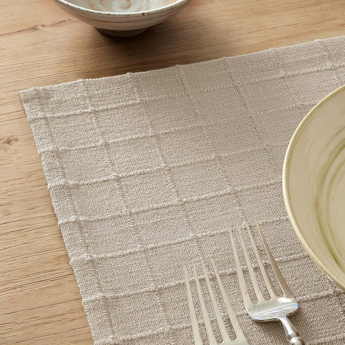 Artisanal Grid Decorative Linen Placemats Set of 6, Neutral Beige | Thick Heavy Textured Washed Linen Place Mats