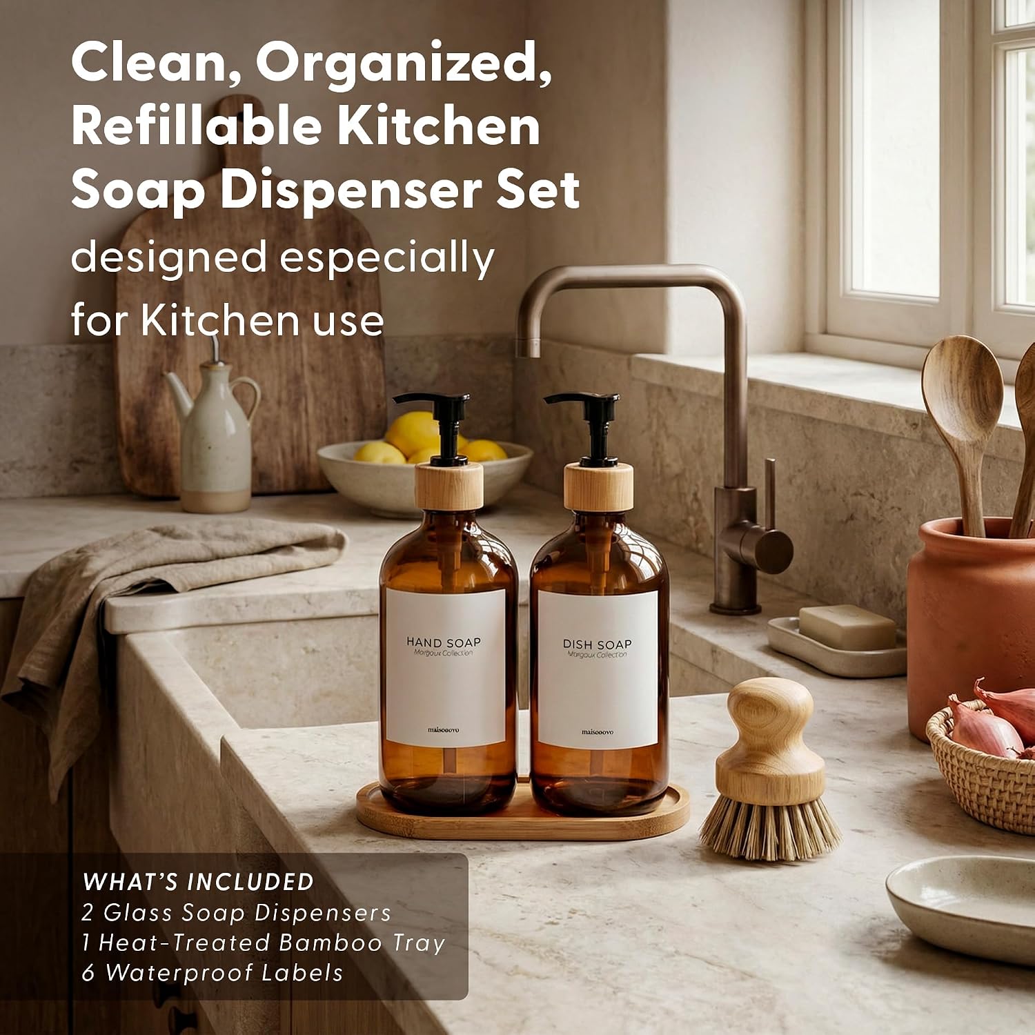 Maisonovo Dish Soap Dispenser Set - Amber Soap Dispenser Black Bamboo Pumps | Glass bottles for body wash, lotion