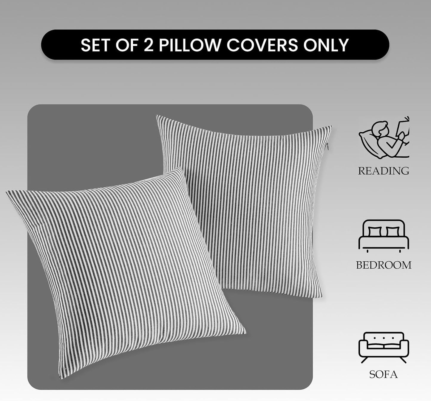 Black White Farmhouse Striped Pillow Covers Black and White / Black Stripe / 18 x 18 / Set of 2