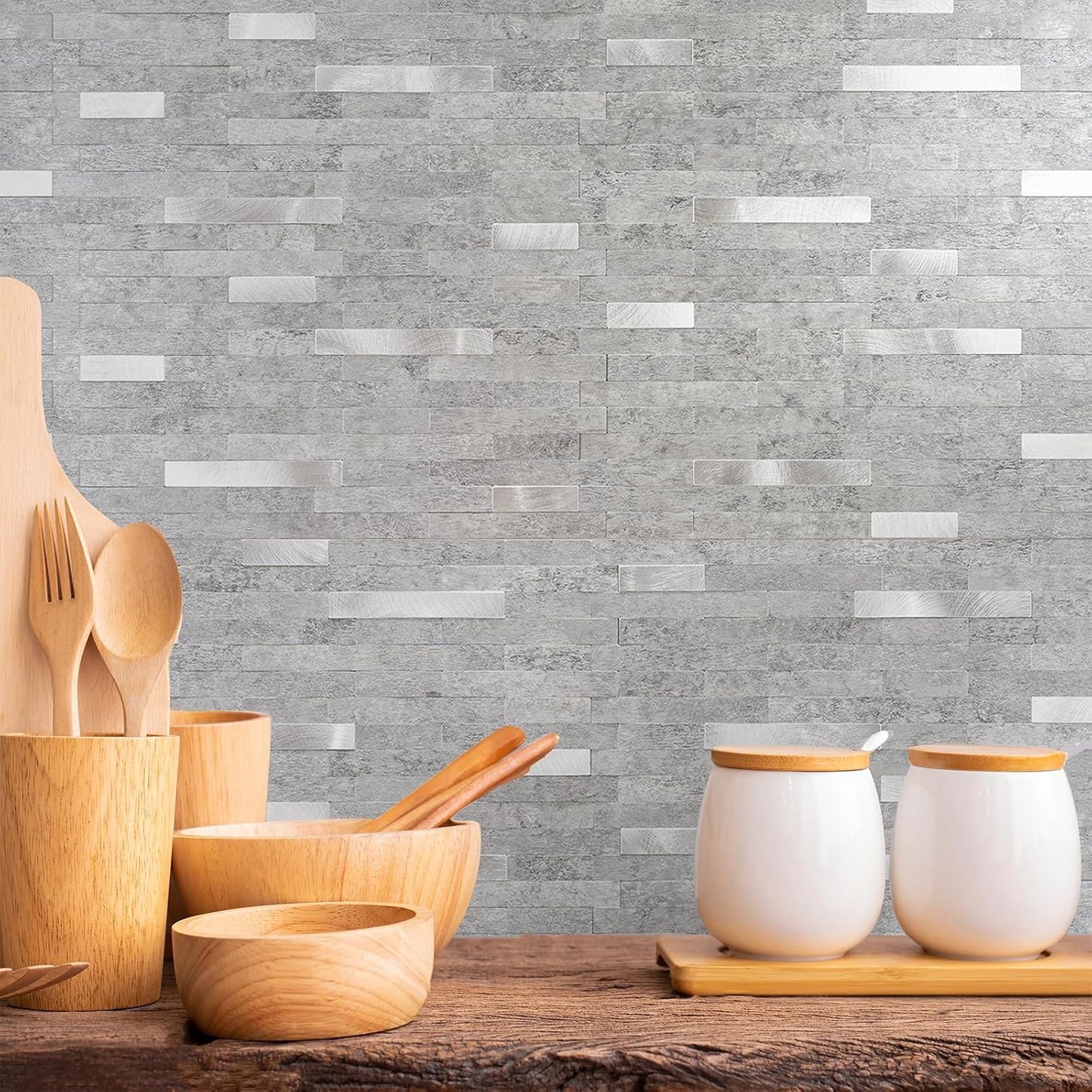 StyloVue 20 Sheets Peel and Stick Backsplash for Kitchen, Slate Gray with Metal Silver Look Stick on Tile Upgrade Your