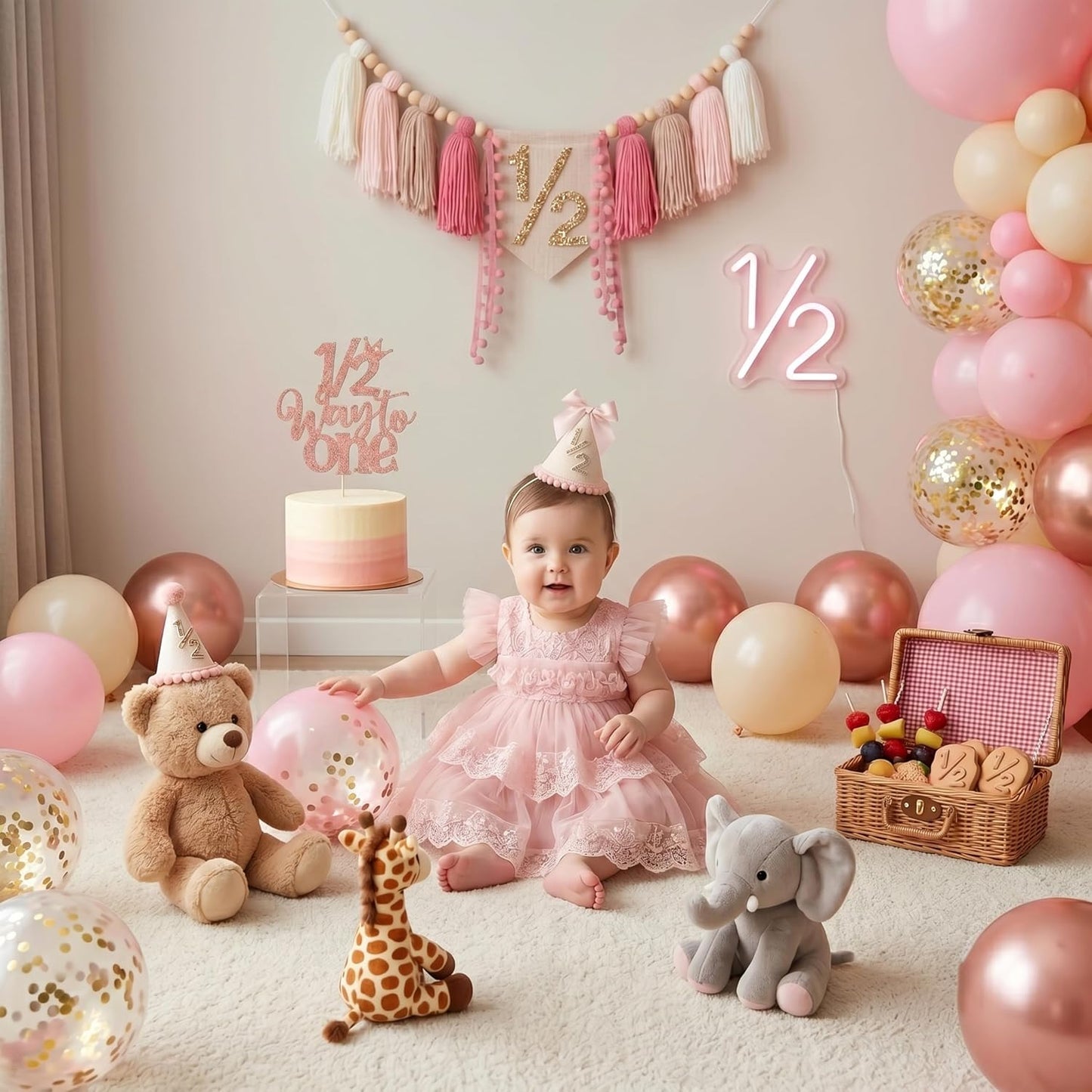 1/2 High Chair Banner & Cone Hat Cake Topper Birthday Girl Half Birthday Decorations / Pink & Khaki