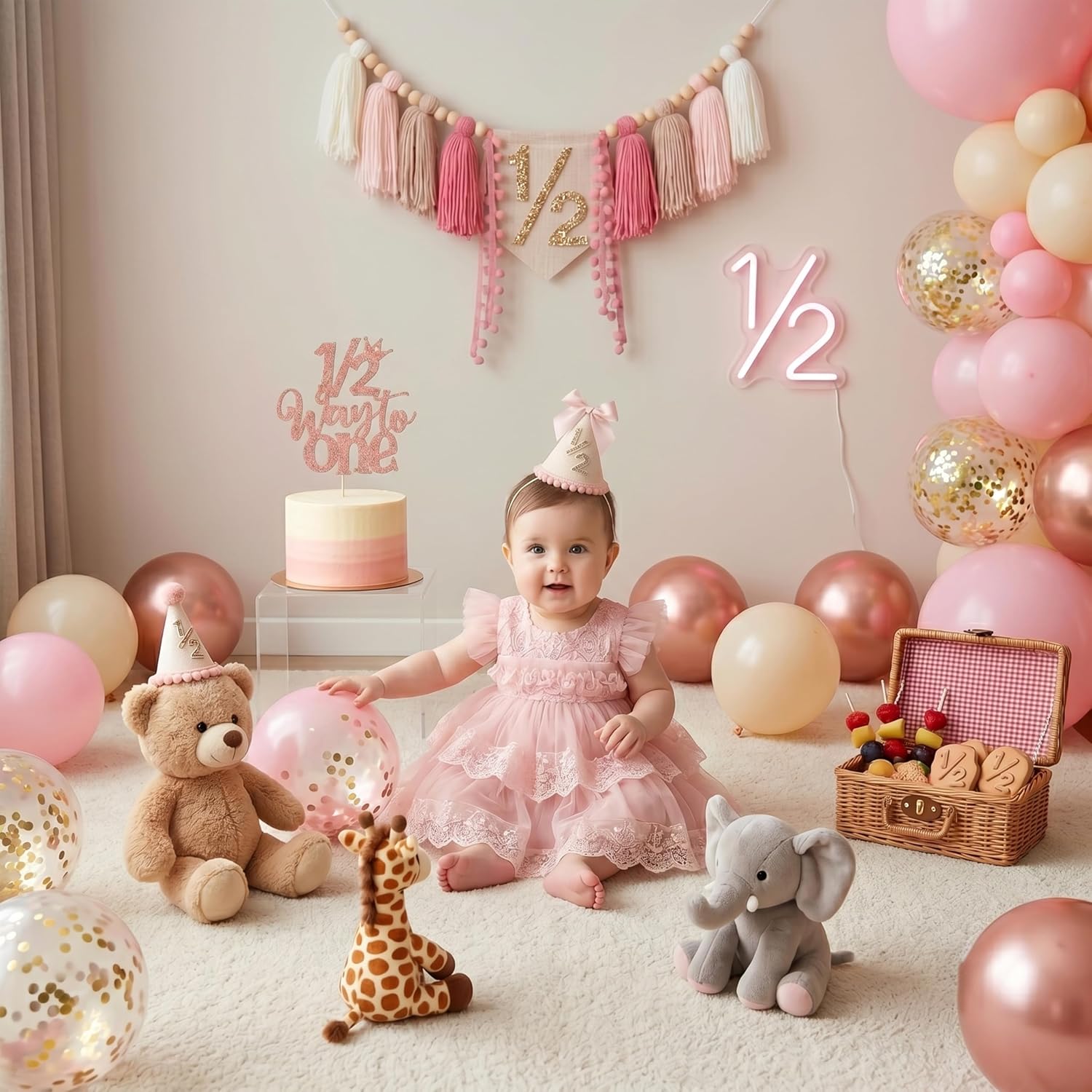 1/2 High Chair Banner & Cone Hat Cake Topper Birthday Girl Half Birthday Decorations / Pink & Khaki