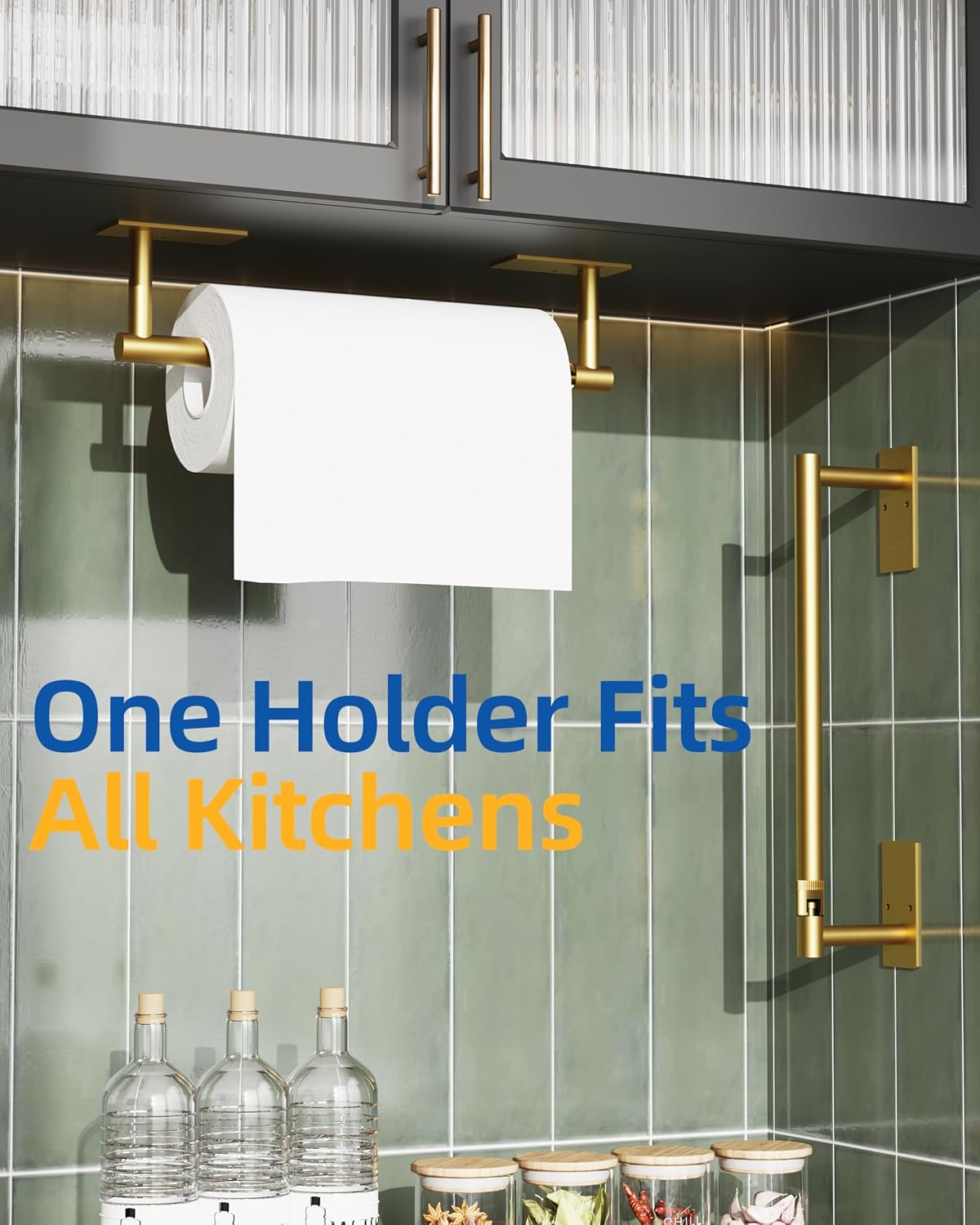 RUACQ Paper Towel Holder Under Cabinet, Stainless Steel, Brushed Gold | Drill Wall Mount or Adhesive, Square Base