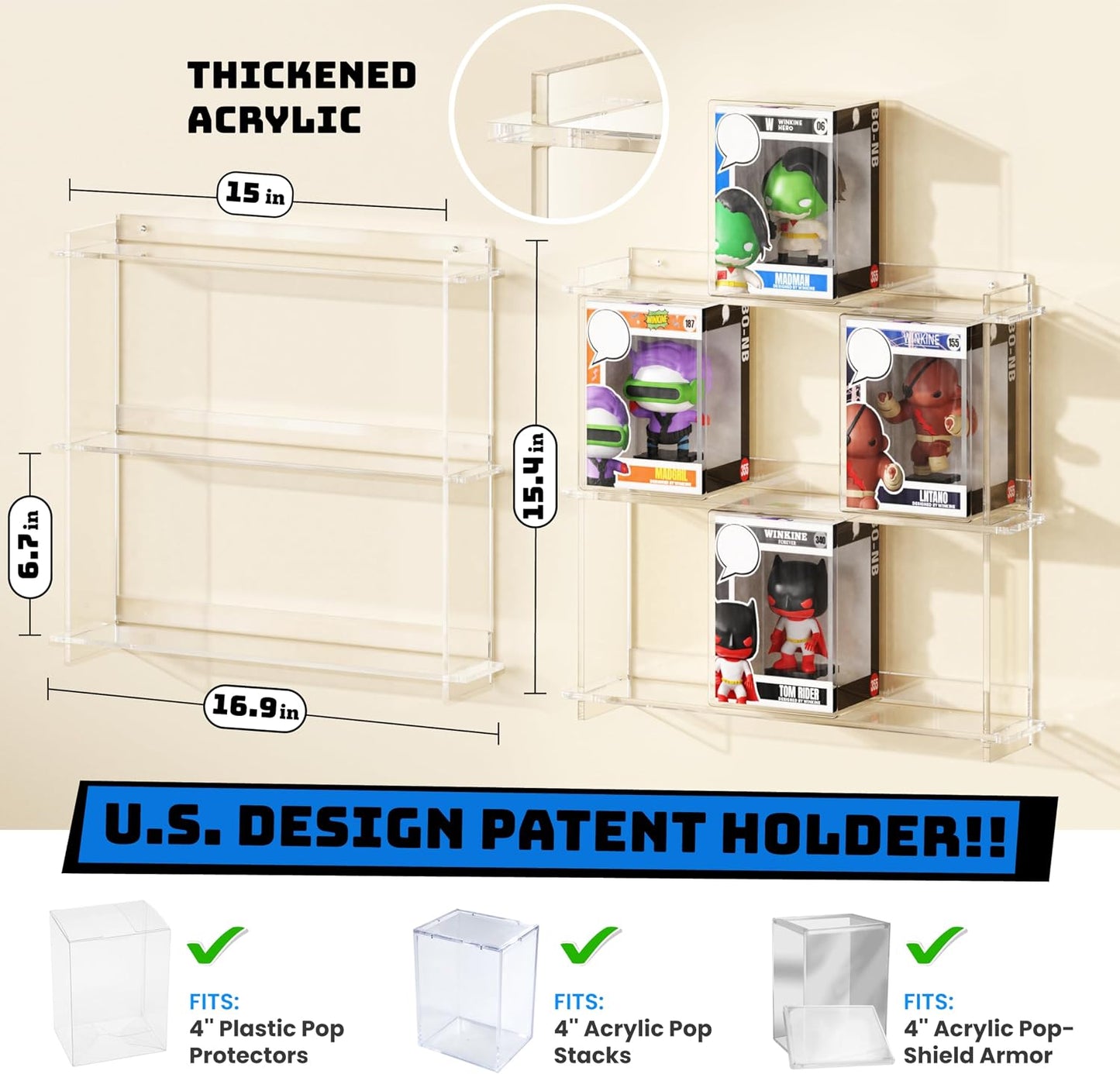 WINKINE Wall Display Shelves Compatible with 21 Funko Pop in Box, Easy Install - Only 2 Screws per Shelf, Acrylic