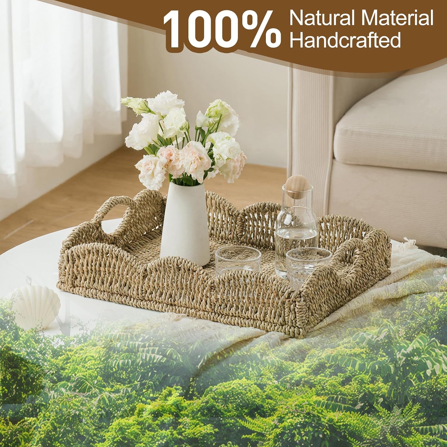Wicker Tray / Handwoven Woven Tray / 17.3 x 13.4 x 3.6 / Seagrass-scalloped