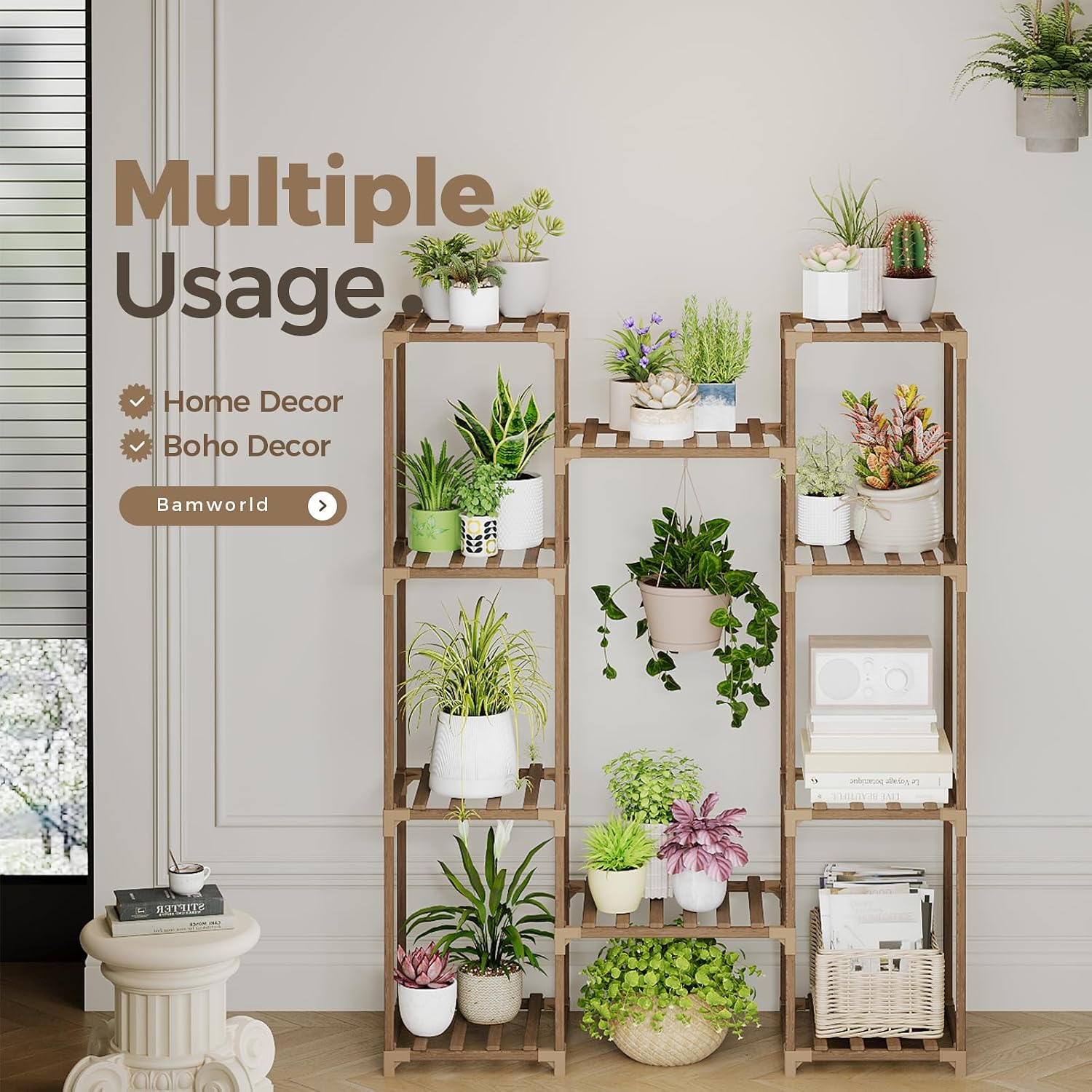 Bamworld Plant Stand Indoor Outdoor Hanging Shelf for Multiple Plants Tall Large Holder for Living Room Patio Balcony