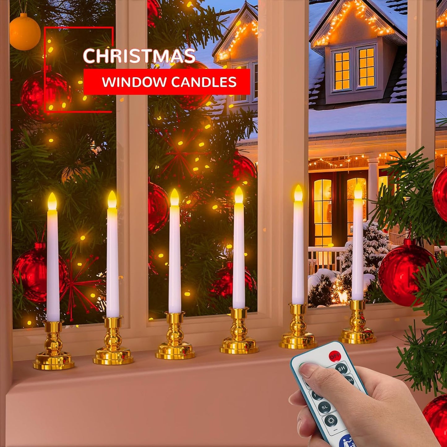 PChero Window Candles with Remote Timer, Gold, 6 Packs | Battery Operated Flameless LED, Removable Gold Holders, Taper