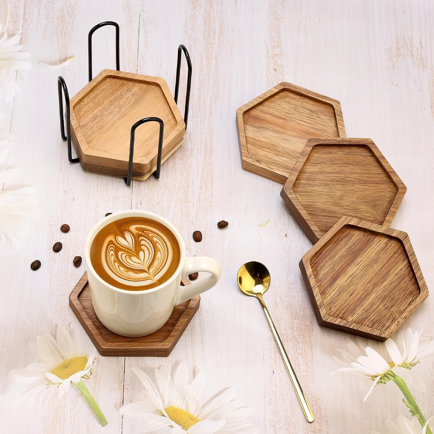 Holder Wooden Coaster Drink Coffee Table Decoration Kitchen Decor Gift / Hexagon / Set of 6