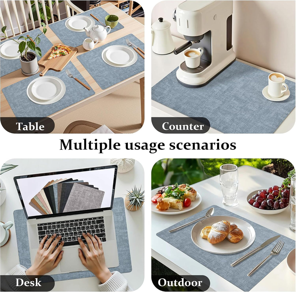 FROMHEART Faux Leather PU Placemats Set of 8 (Light Blue,11.8" x 17") | Waterproof,Heat/Oil Stain-Resistant Table