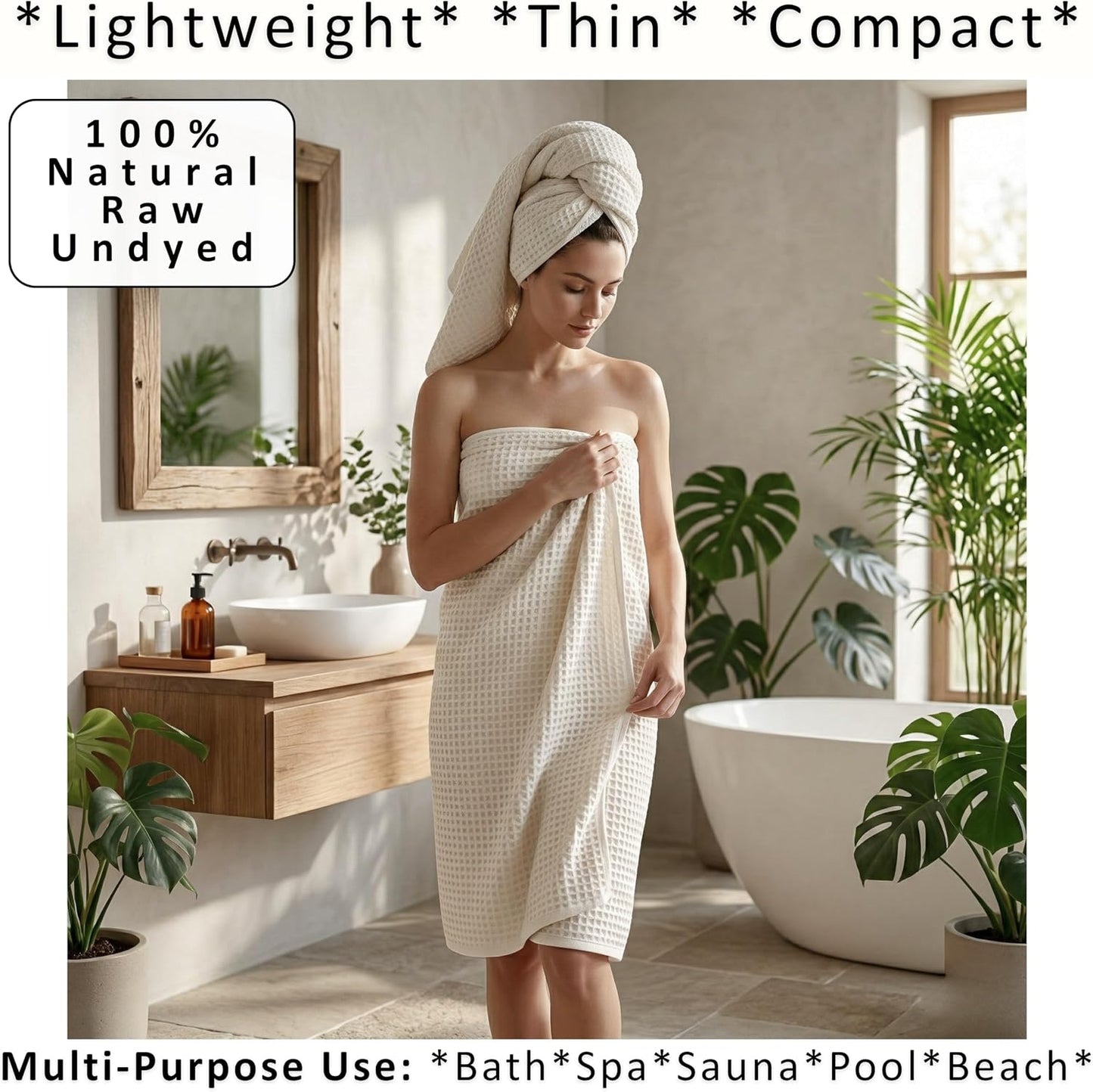 PÜSKÜL Natural 100% Turkish Cotton Waffle Bath Towels Set of 2, Extra-Large | Raw-Undyed, Oversize 32x63" Bath sheet