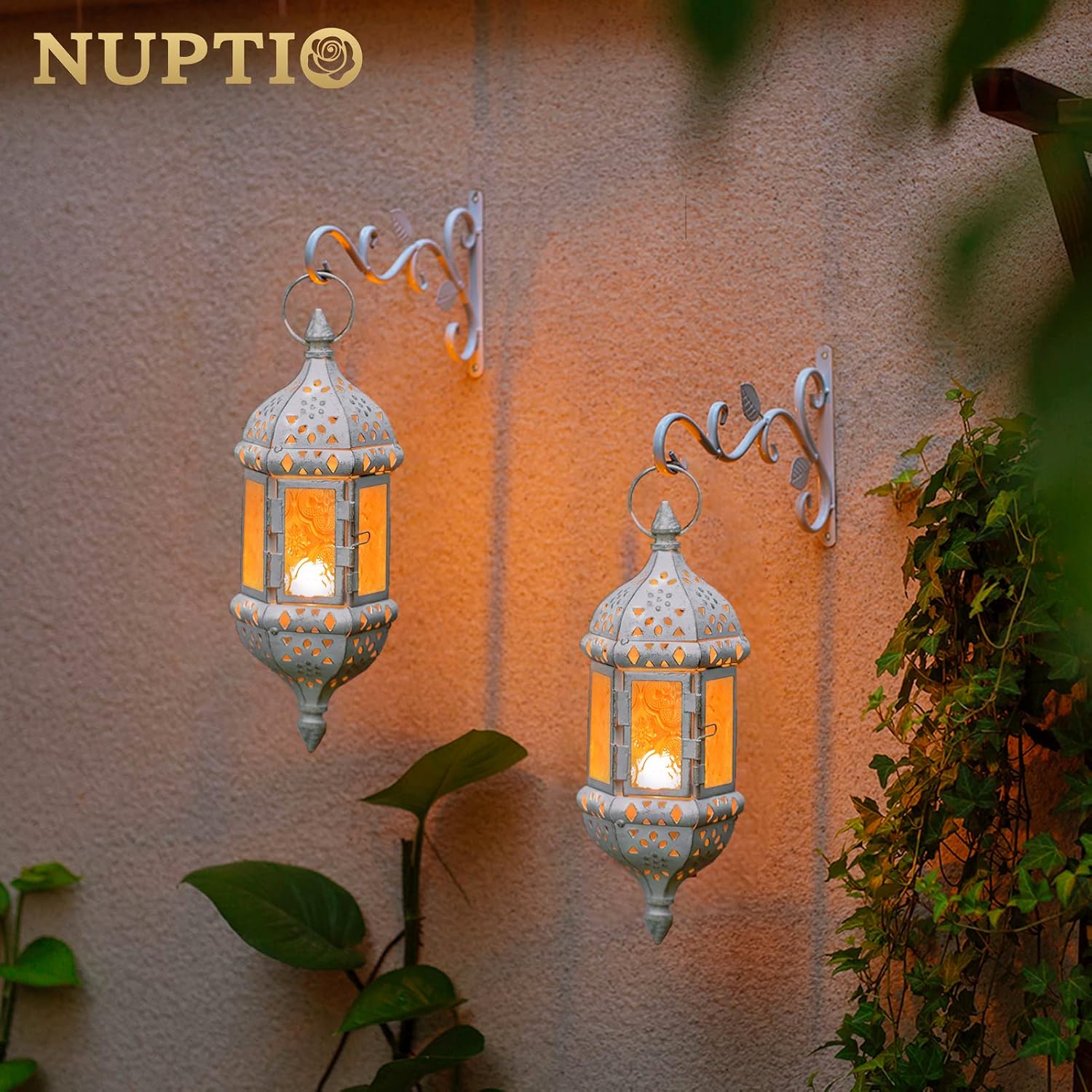2 Pcs Moroccan Lantern Metalwork Hanging Tealight Candle Holder Metal Glass Indoor Outdoor Battery Operated LED