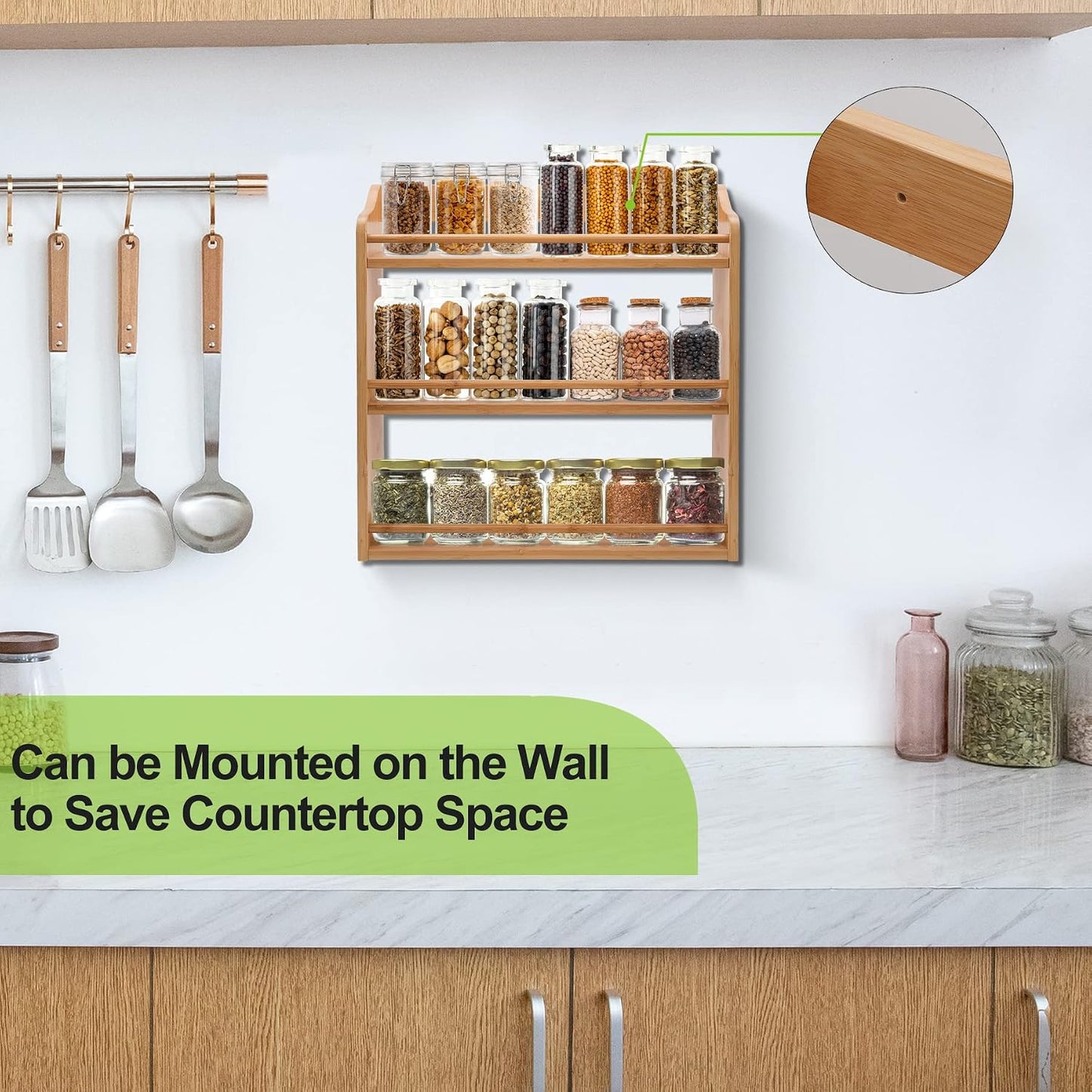 3 Tier Bamboo Spice Rack Wall Mount or Countertop,Spice Organizer | Seasoning Jars Rack Spice Shelf Organizer for