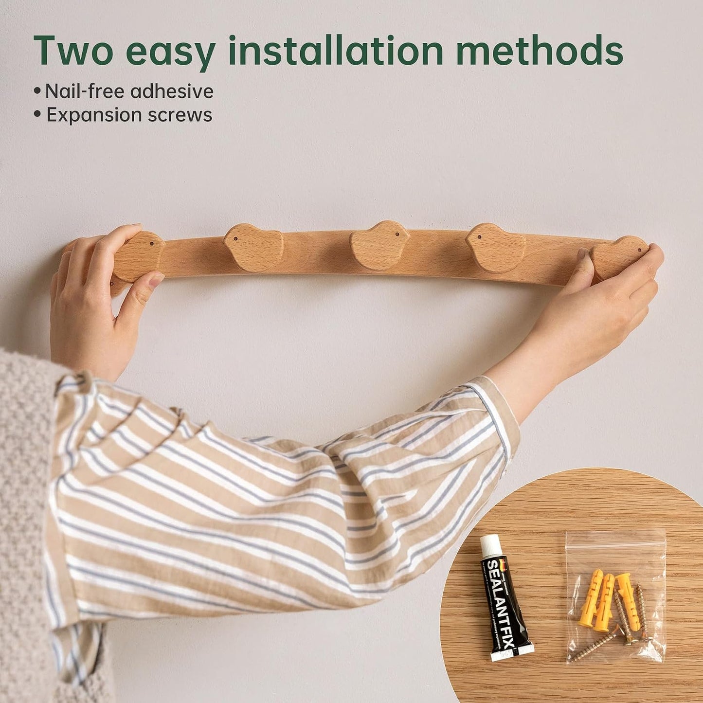 Solid Wood Wall Hooks, Coat Rack Wall Mount Cute for Kids, Entryway Hanging Shelf with 5 Hooks for Hats, Clothes