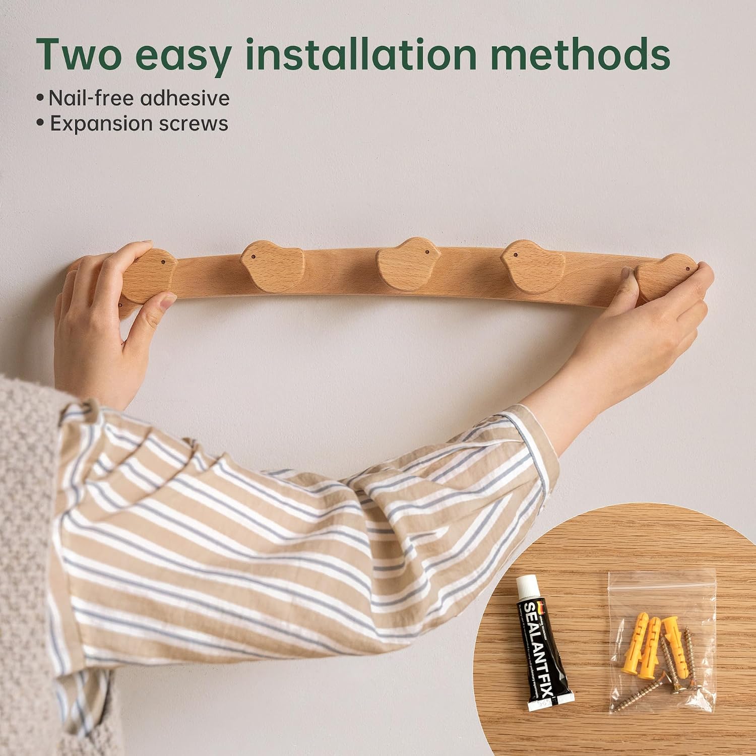 Solid Wood Wall Hooks, Coat Rack Wall Mount Cute for Kids, Entryway Hanging Shelf with 5 Hooks for Hats, Clothes
