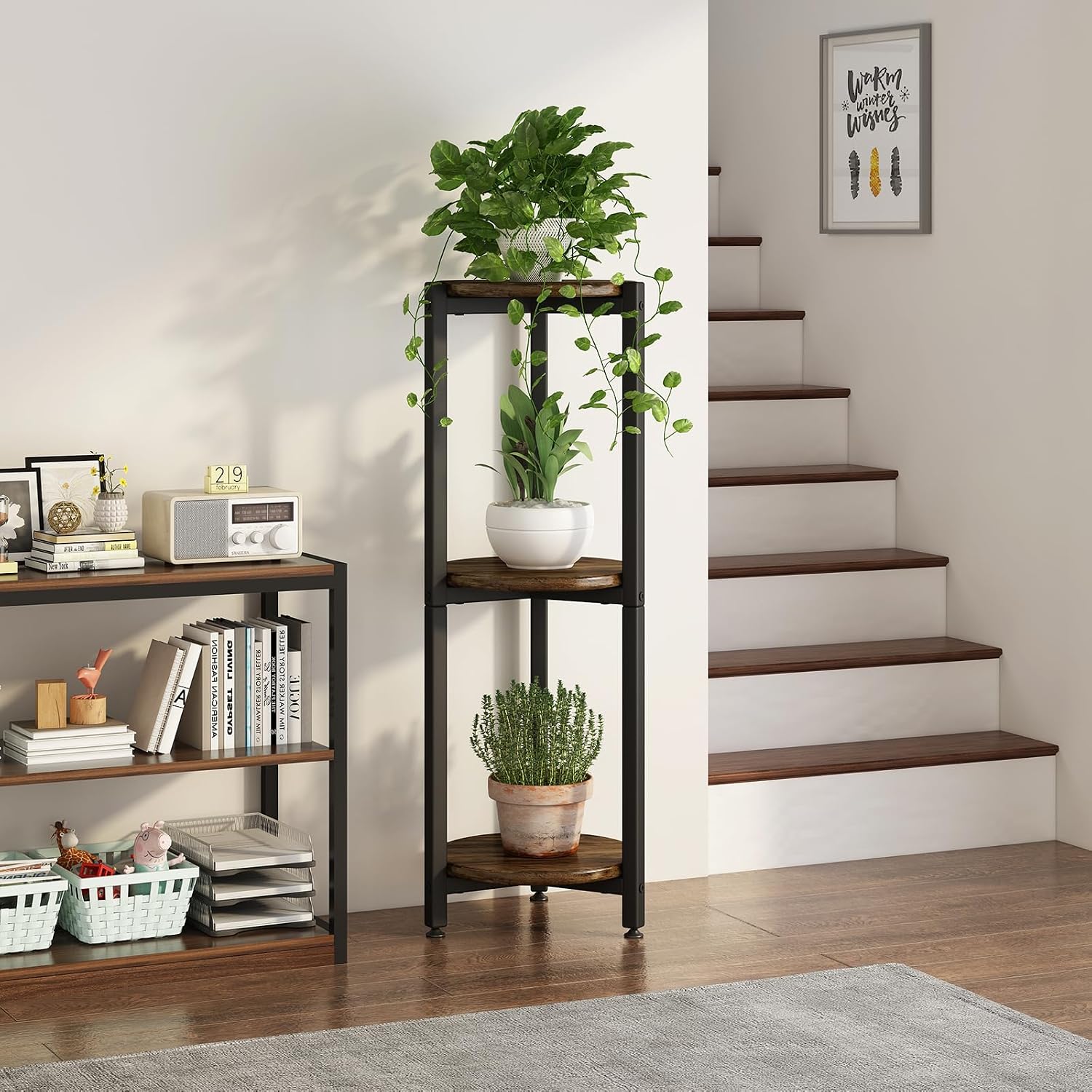 3 Tier Plant Stand Indoor Corner Tall Round Shape Plant Shelf | Modern Metal MDF board Flower Storage,Suitable tight