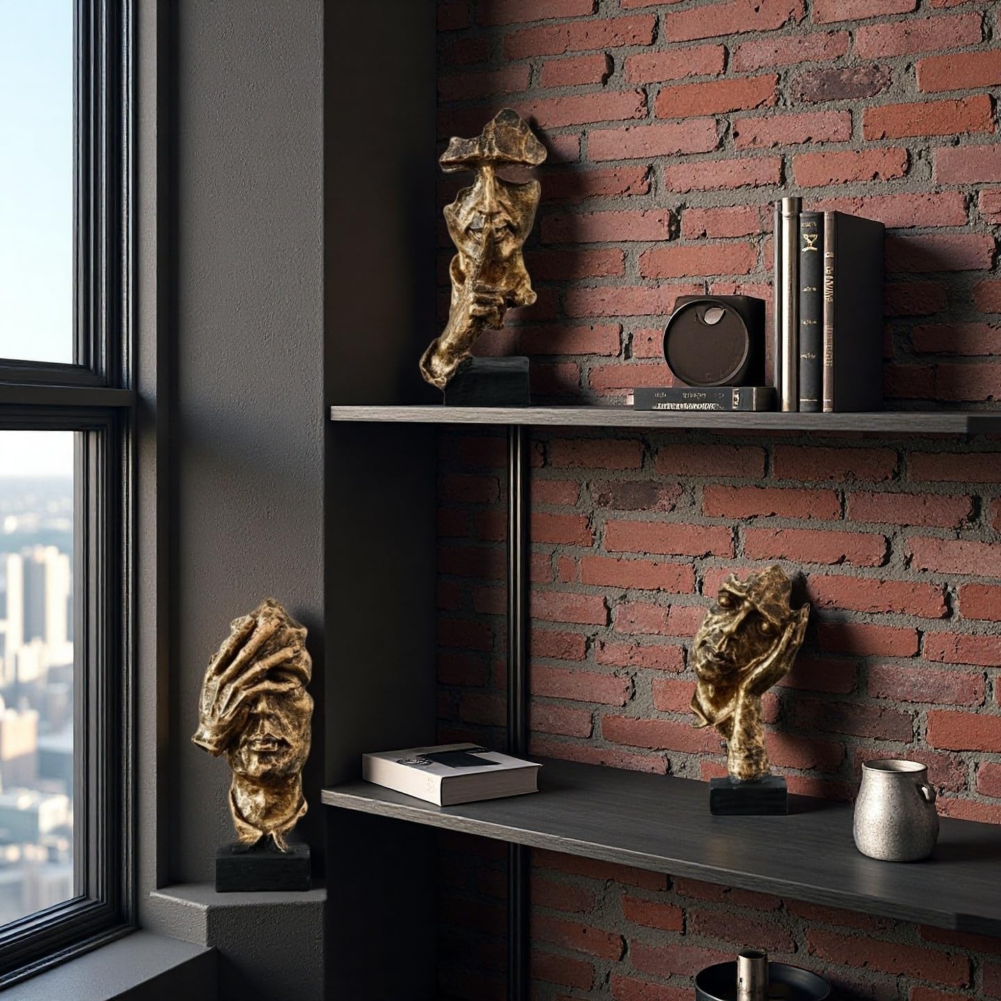 Thinker Statue Abstract Thinker No Hear No See No Speak Figurine / Gold2 / Black