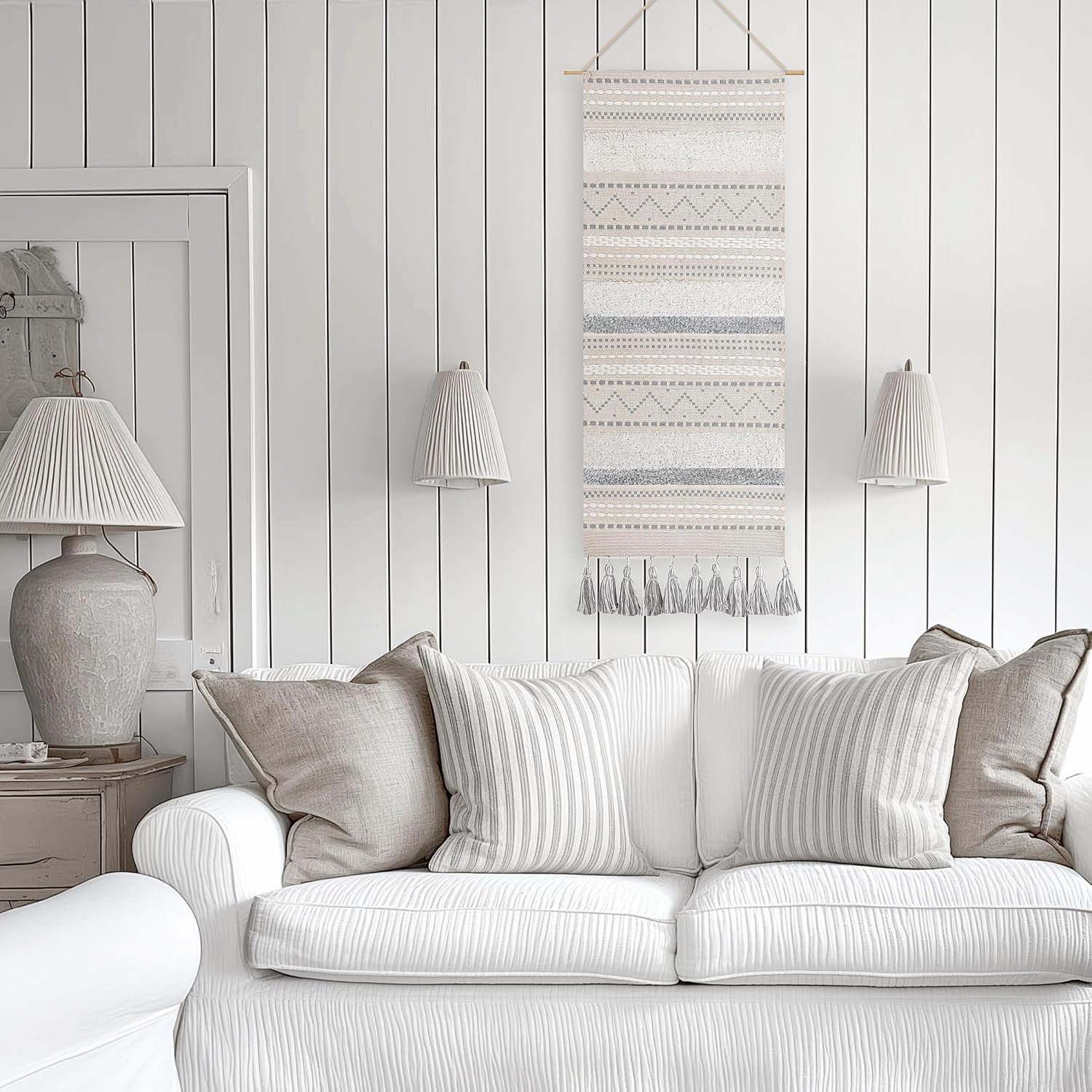 Long Vertical Wall Hanging Tapestry Woven Boho Farmhouse Decor Cream Tassel Handmade Wall Art / Gray