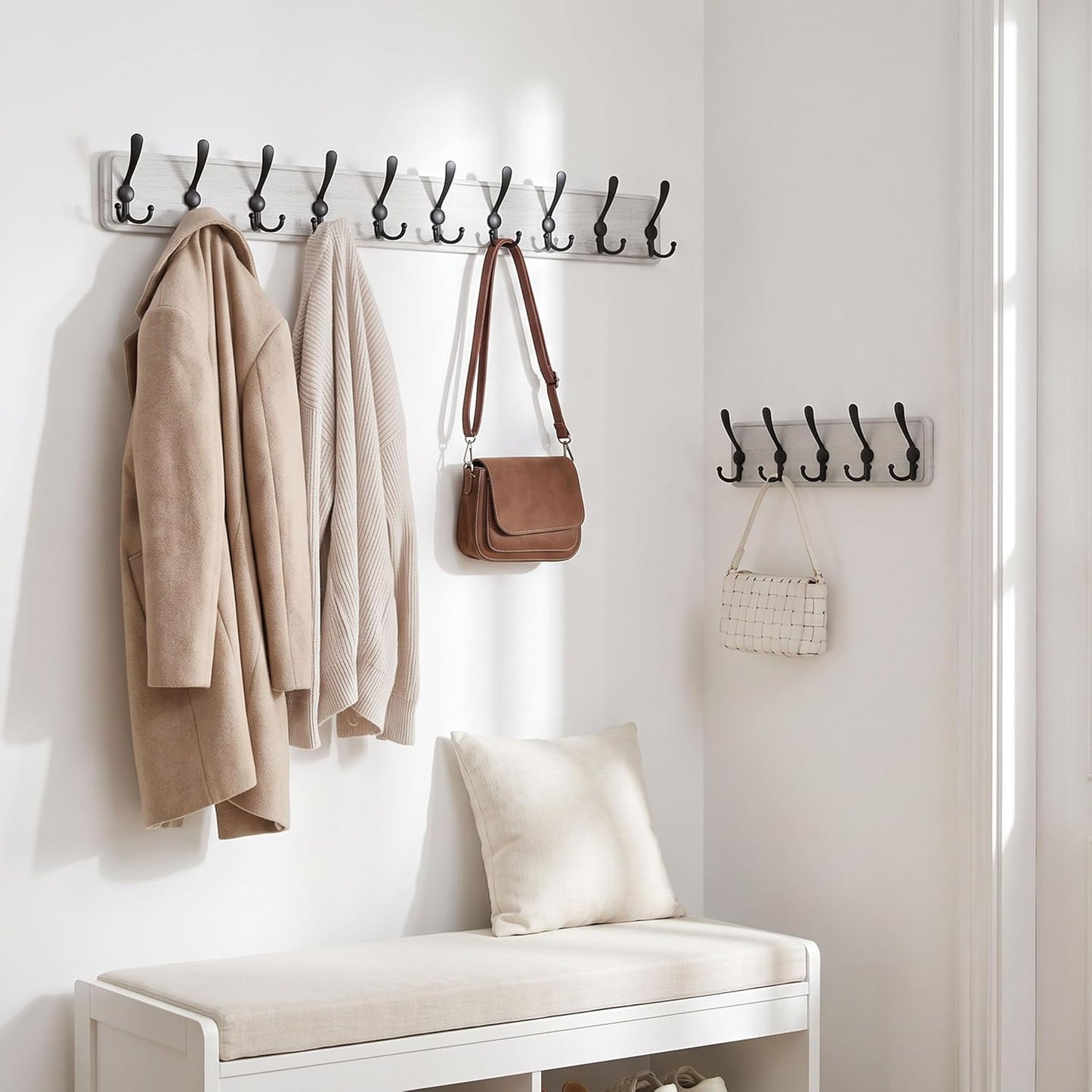 WEBI Coat Rack Wall Mount,Wood Coat Hooks Wall Mounted Coat Hanger,16" Hole to Hole,Wall Hook Rack Rail,5 Triple Hooks