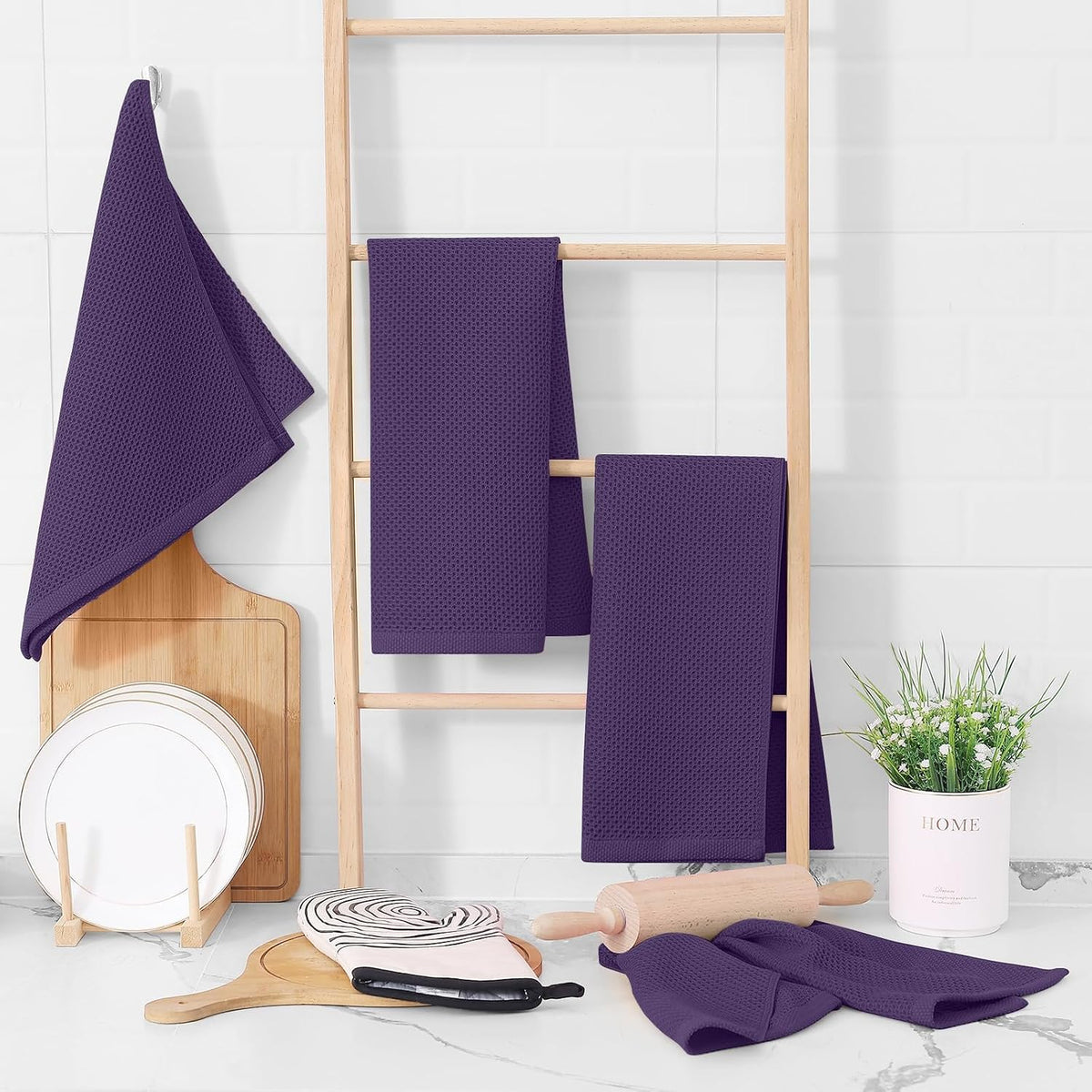 Homaxy 100% Cotton Waffle Weave Kitchen Dish Towels 24-Pack, Eggplant | 13 x 28 Inches, Ultra Soft Absorbent Dish
