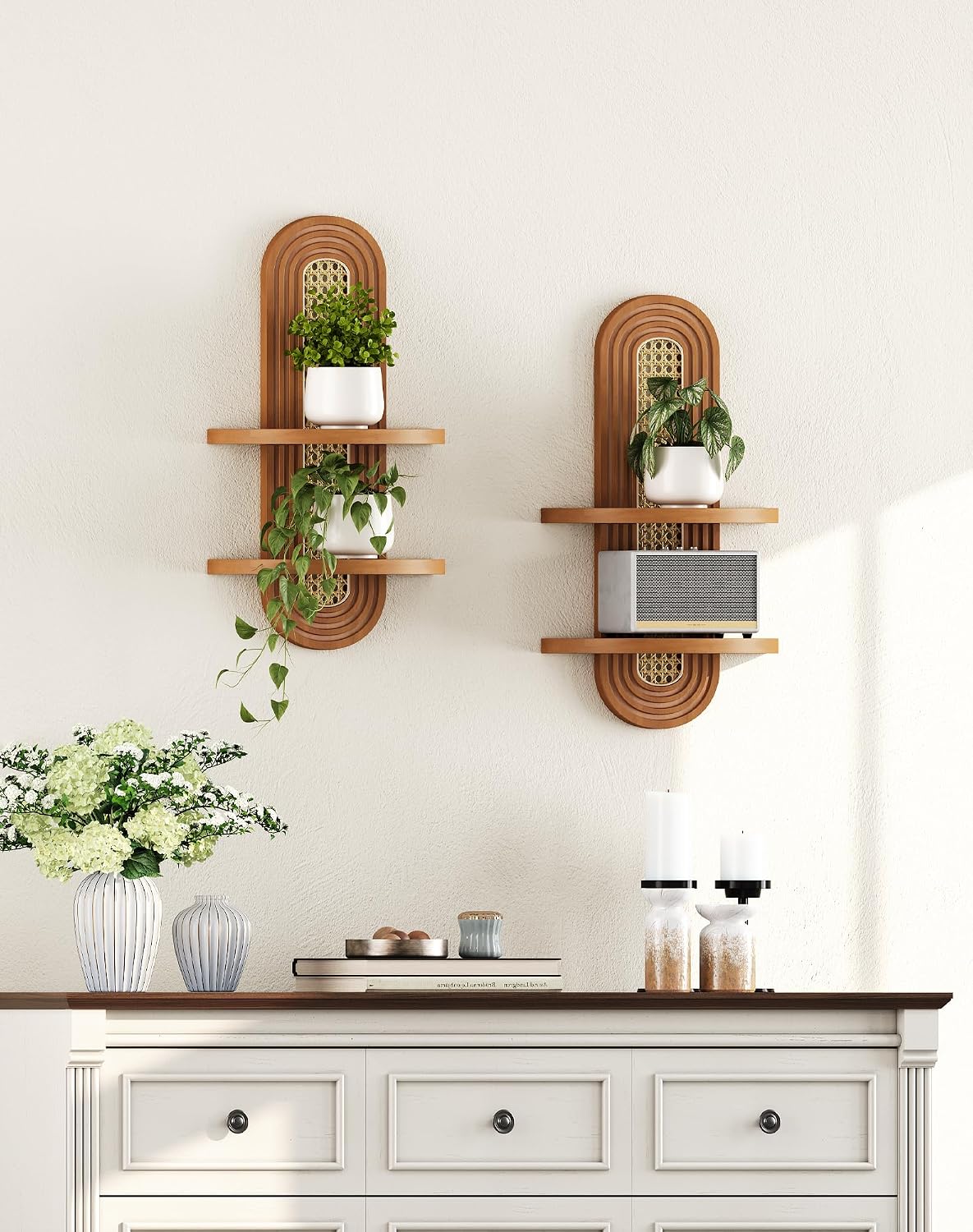 Floating Shelves / 2-Tier Rattan Plant Shelf / Walnut