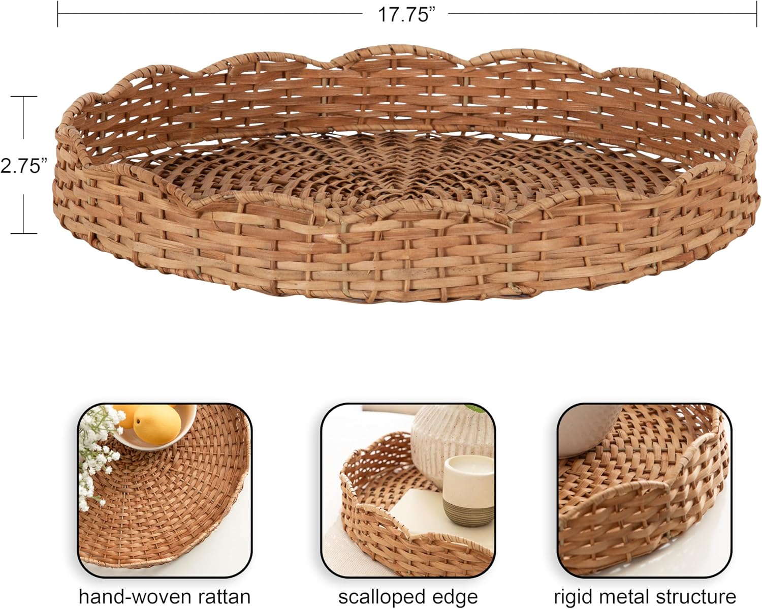 Wavley Modern Round Scalloped Woven Rattan Tray / Natural / 18 Inch