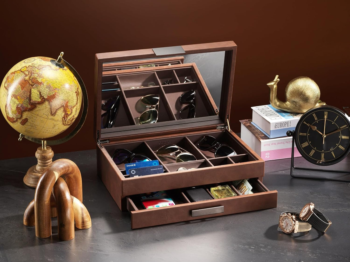 Glenor Co Mens Valet/Dresser Organizer - Luxury 12 Slot Jewelry Accessories Box, Carbon Fiber Design, Drawer Tray