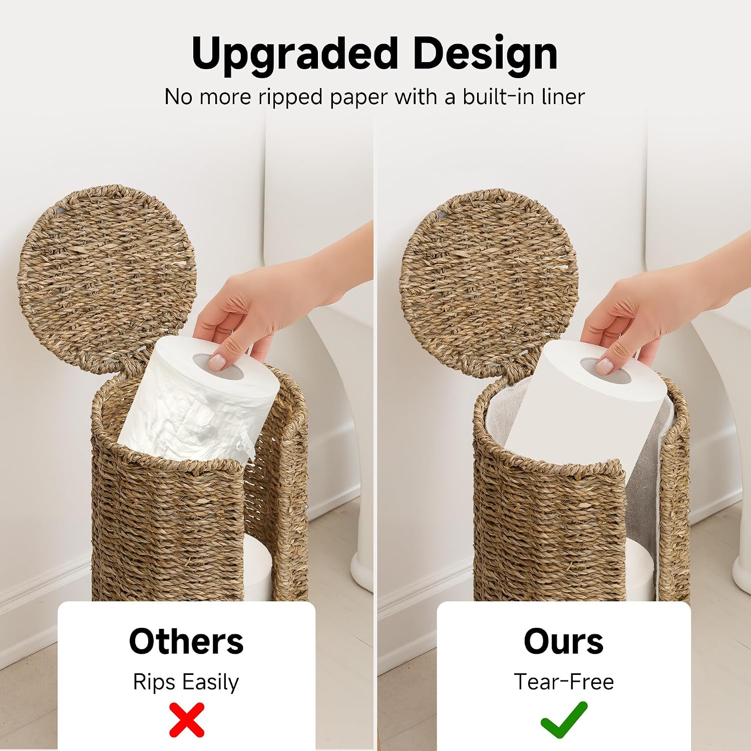 StorageWorks Seagrass Free Standing Toilet Paper Holder Stand for Bathroom, 3 Rolls of Toilet Tissue Storage with a