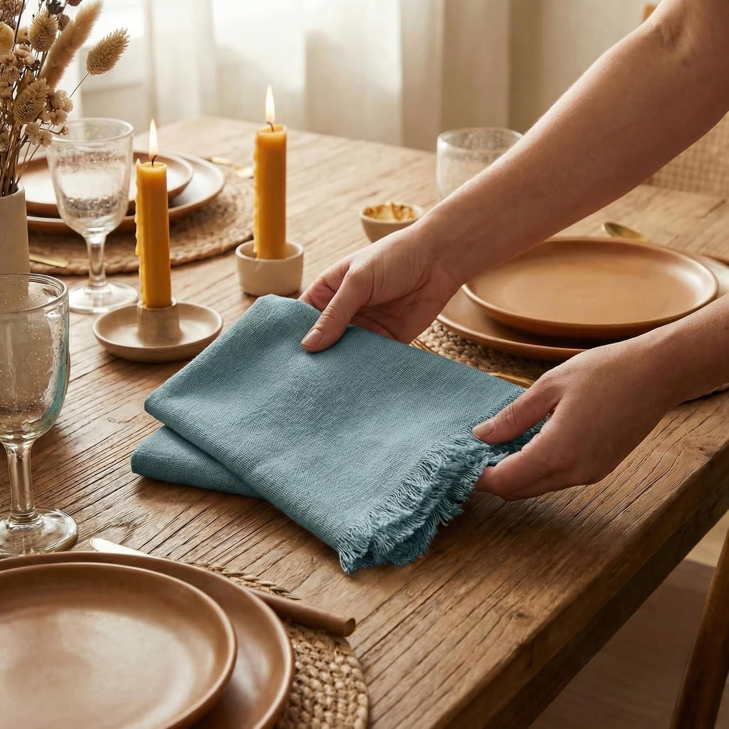 ACCENTHOME Blue Cotton Linen Napkin Set of 12 18x18 inch Dinner Napkins - Washable Soft Premium Hotel Quality Reusable