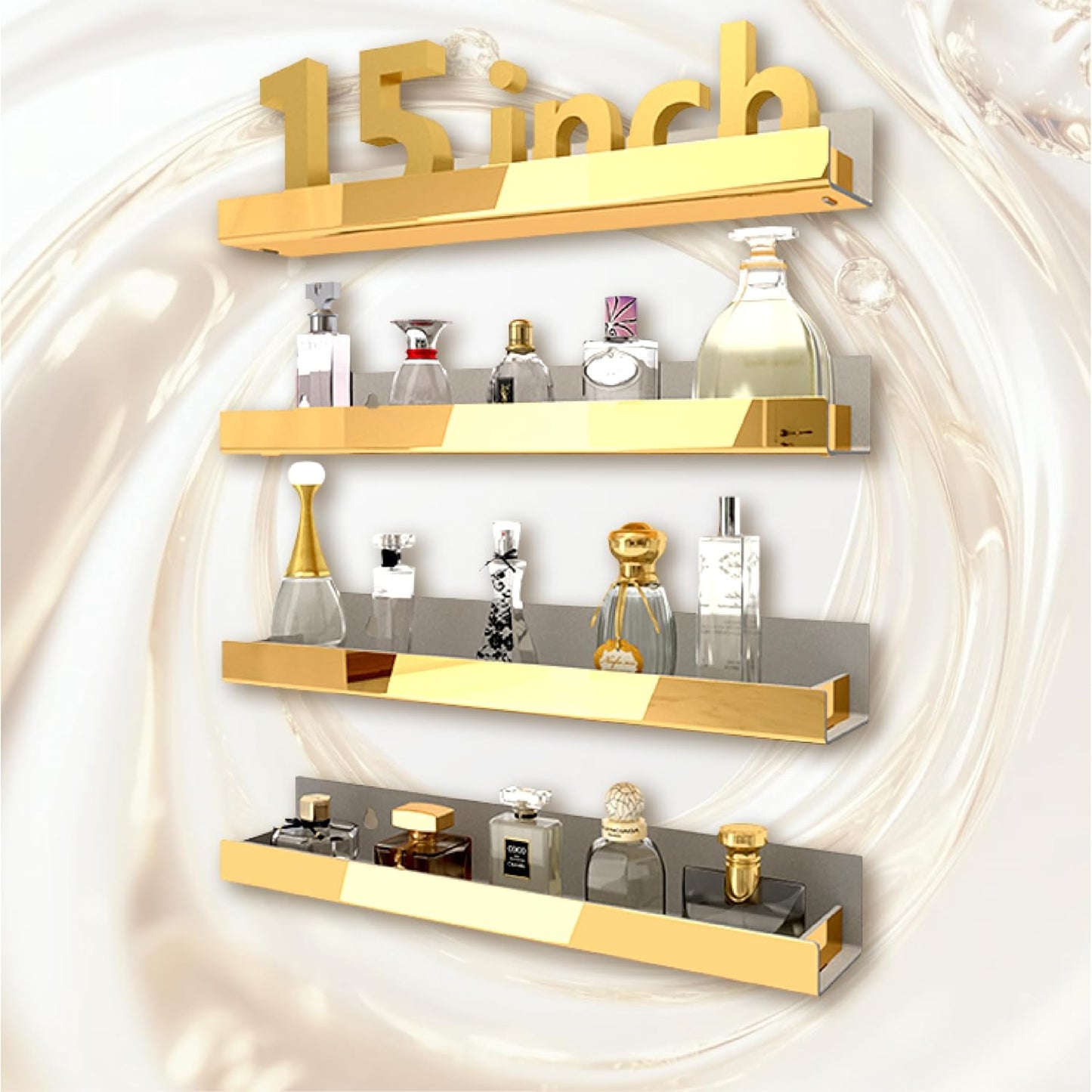 4 Pack 15 Inch Gold Reflective Acrylic Shelves, Gold Foating Shelves, Modern Sunglasses Essential Oil Picture Ledge
