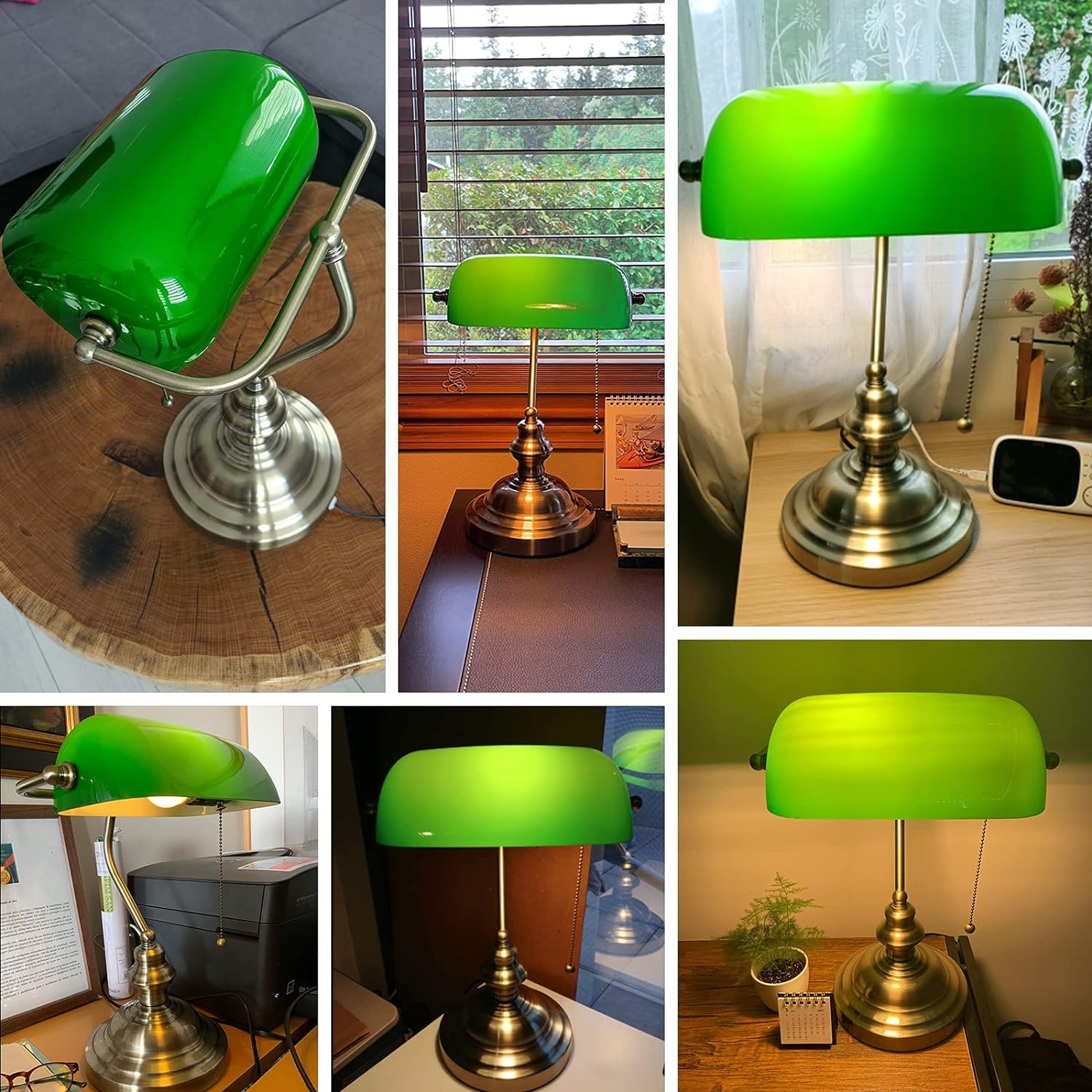 Glass Bankers Desk Lamp with Pull Chain Switch Plug in Fixture (Green)