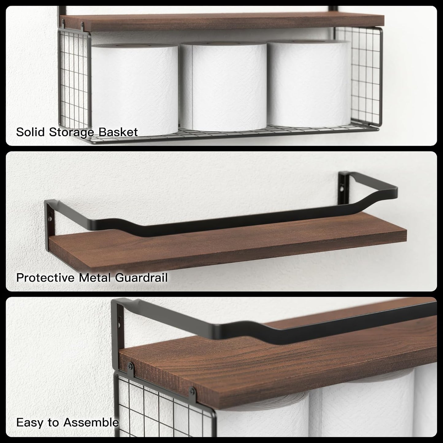 Floating Shelves with Wire Storage Basket, Bathroom Shelves Over Toilet with Protective Metal Guardrail, Wood Wall