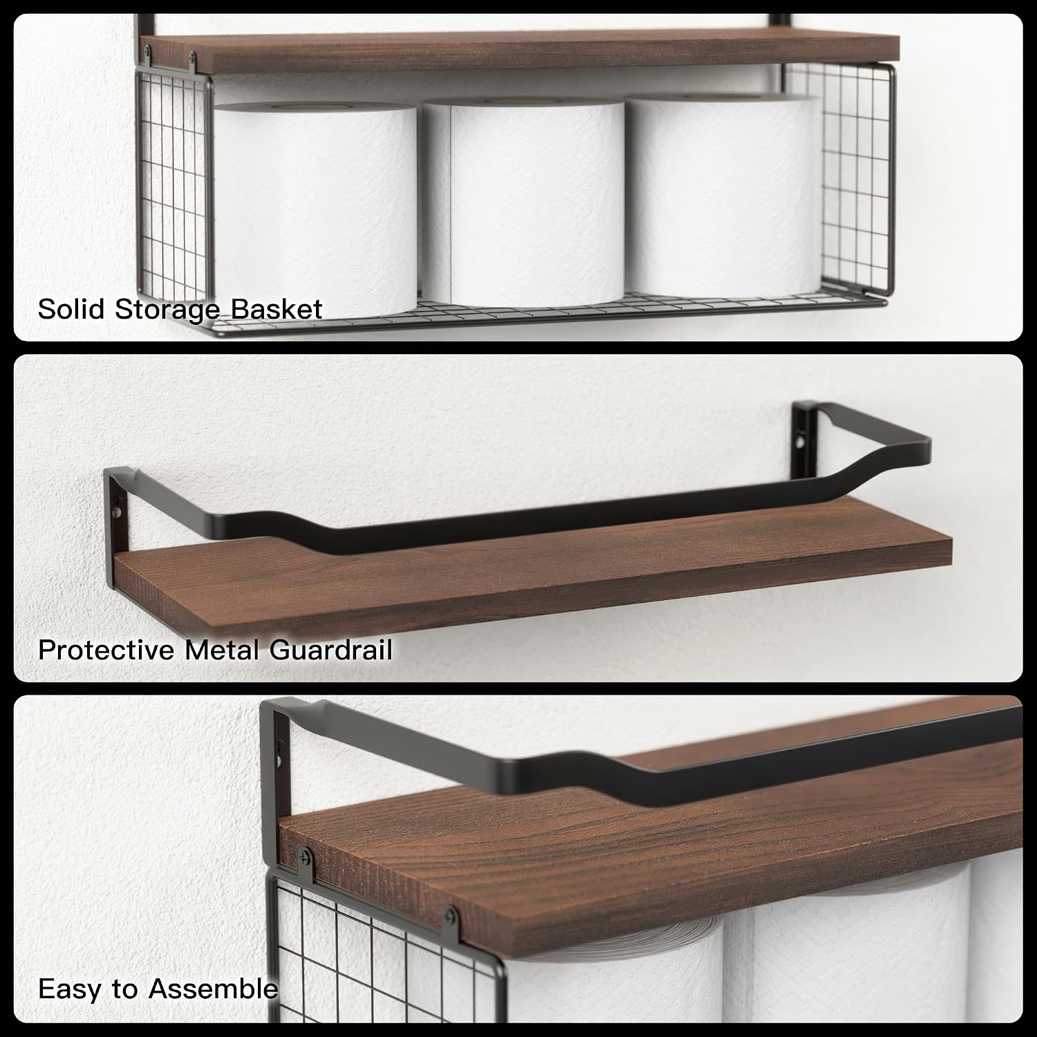 Floating Shelves with Wire Storage Basket, Bathroom Shelves Over Toilet with Protective Metal Guardrail, Wood Wall
