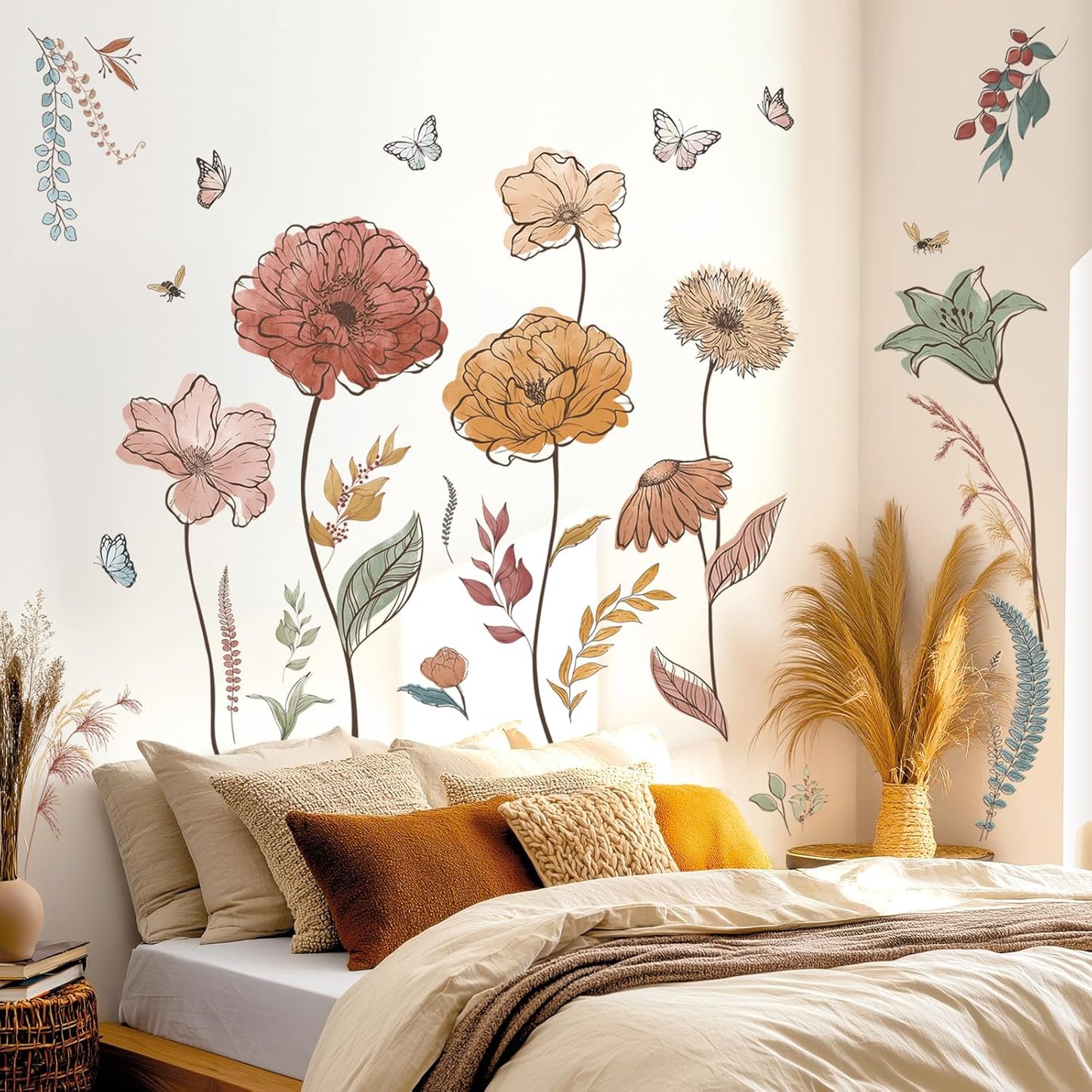 Boho Flowers Wall Decals Peel and Stick Wildflower Floral Dandelion Grass Plants for Baby Nursery