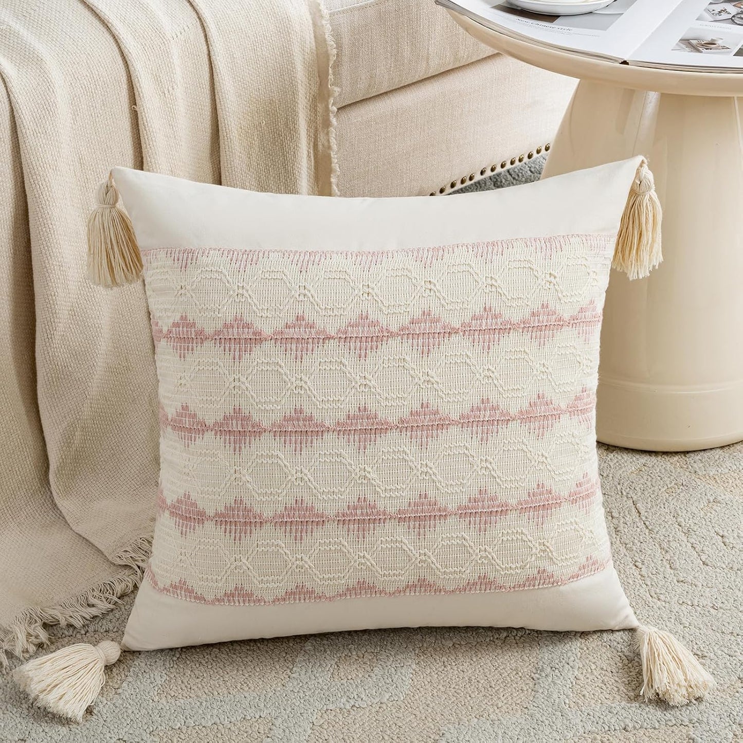Boho Decorative Throw Pillow Cover / 16 x 16 / Pink / Set of 2