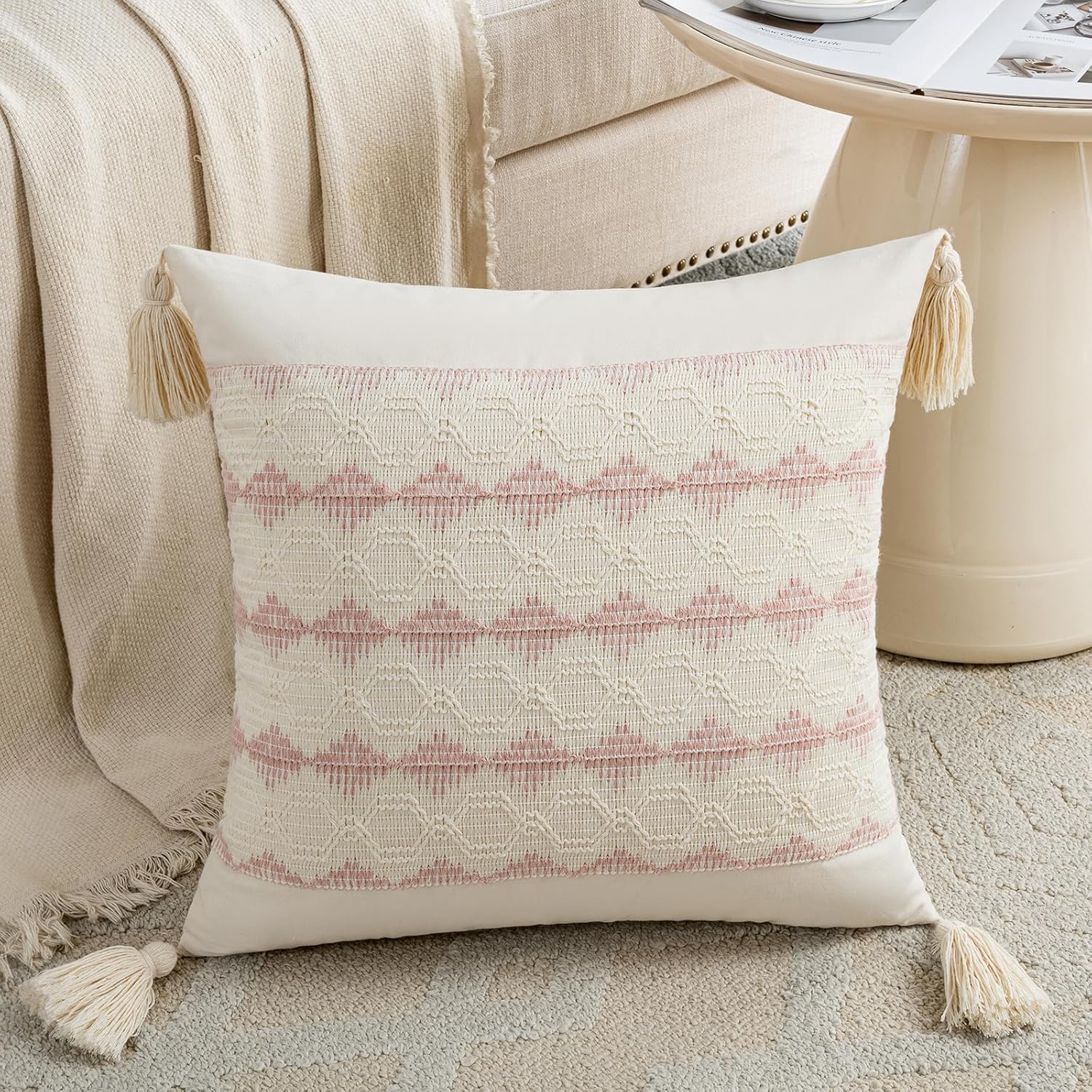 Boho Decorative Throw Pillow Cover / 16 x 16 / Pink / Set of 2