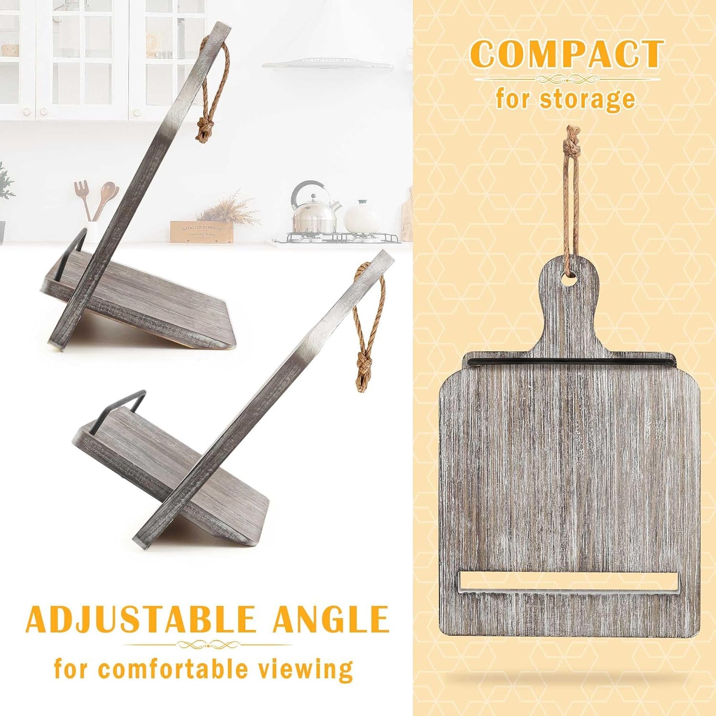 Wood Cookbook Stand Holder: Kitchen Adjustable Cookbook Holder Recipe Stand | for Counter Gray
