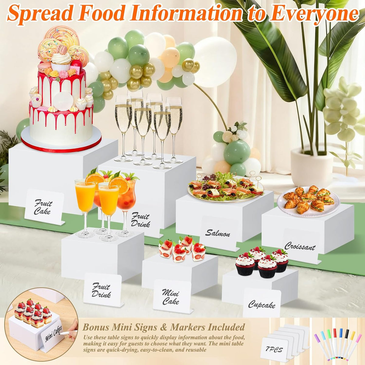 7Pcs White Acrylic Buffet Risers with Mini Sign and Marker, Food Display Risers for Party Catering Dessert Jewelry