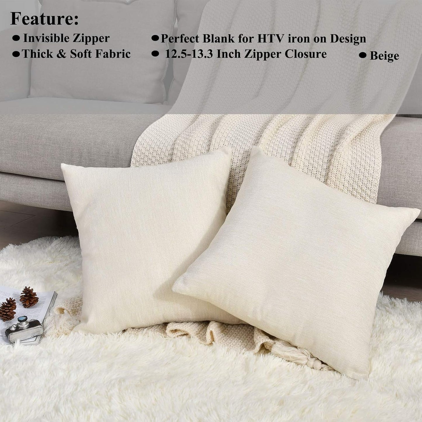 Pack 8 Linen Throw Pillow Covers Set Cushion Case / Beige / 18 x 18 / Set of 8
