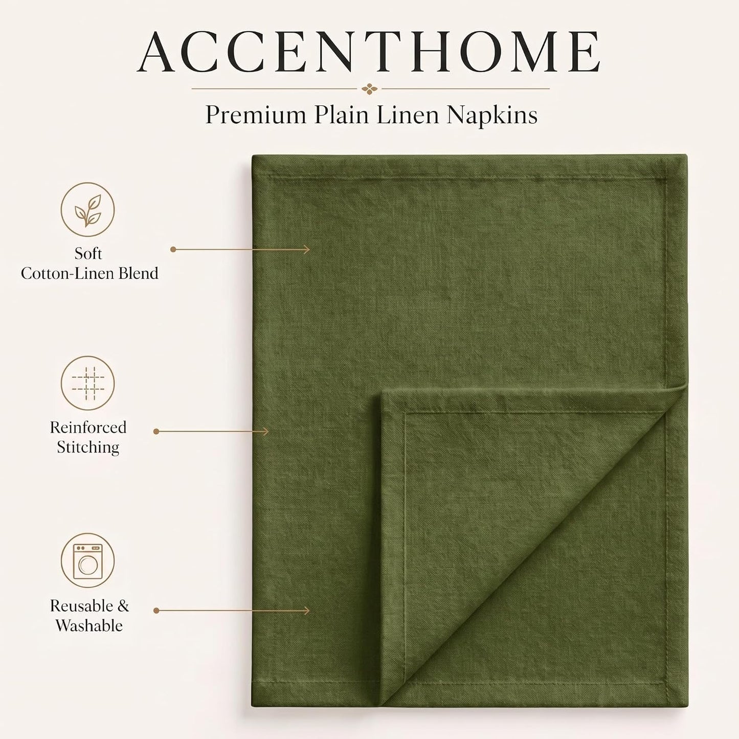 ACCENTHOME Olive Green Cotton Linen Napkin Set of 12 18x18 inch Dinner | Cotton Linen Blend Napkins, Machine Wash On