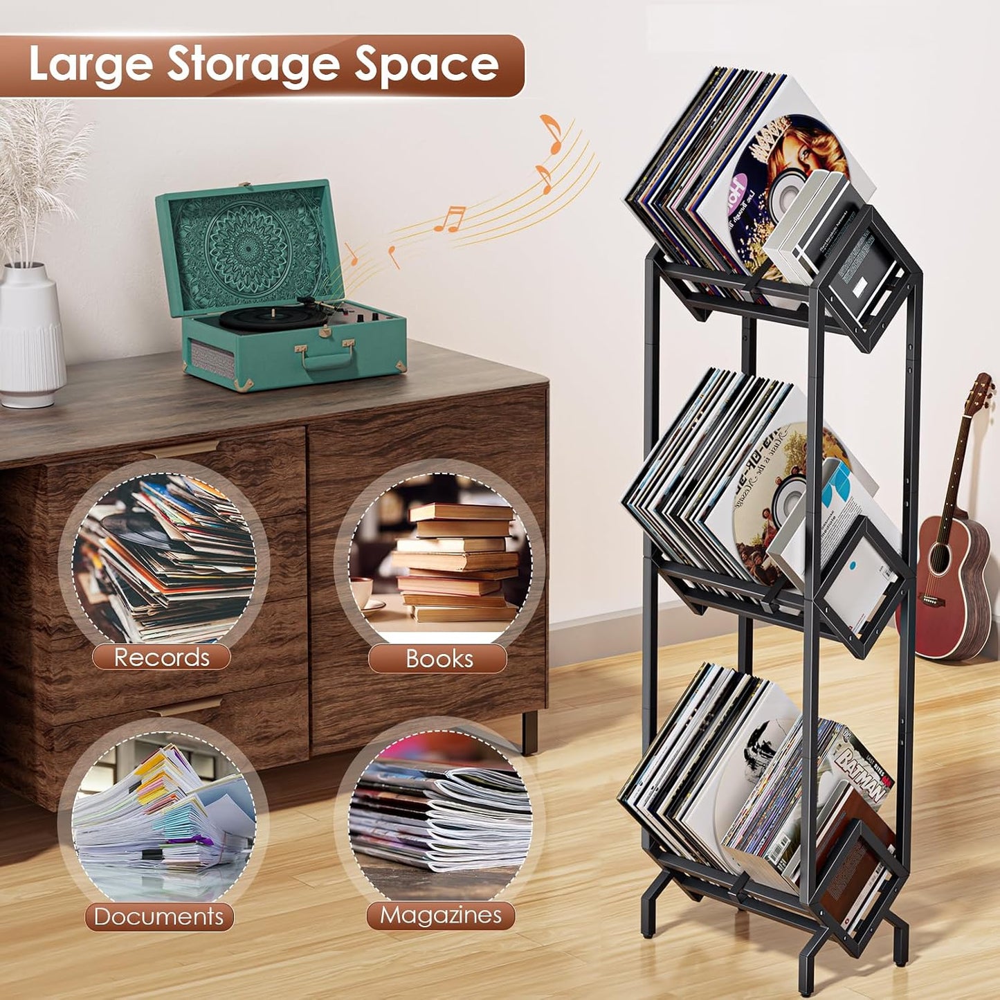 Vinyl Record Storage Rack, Record Holder 260-280 LP Storage Shelf Display Stand for Albums Books Magazines Files, Black