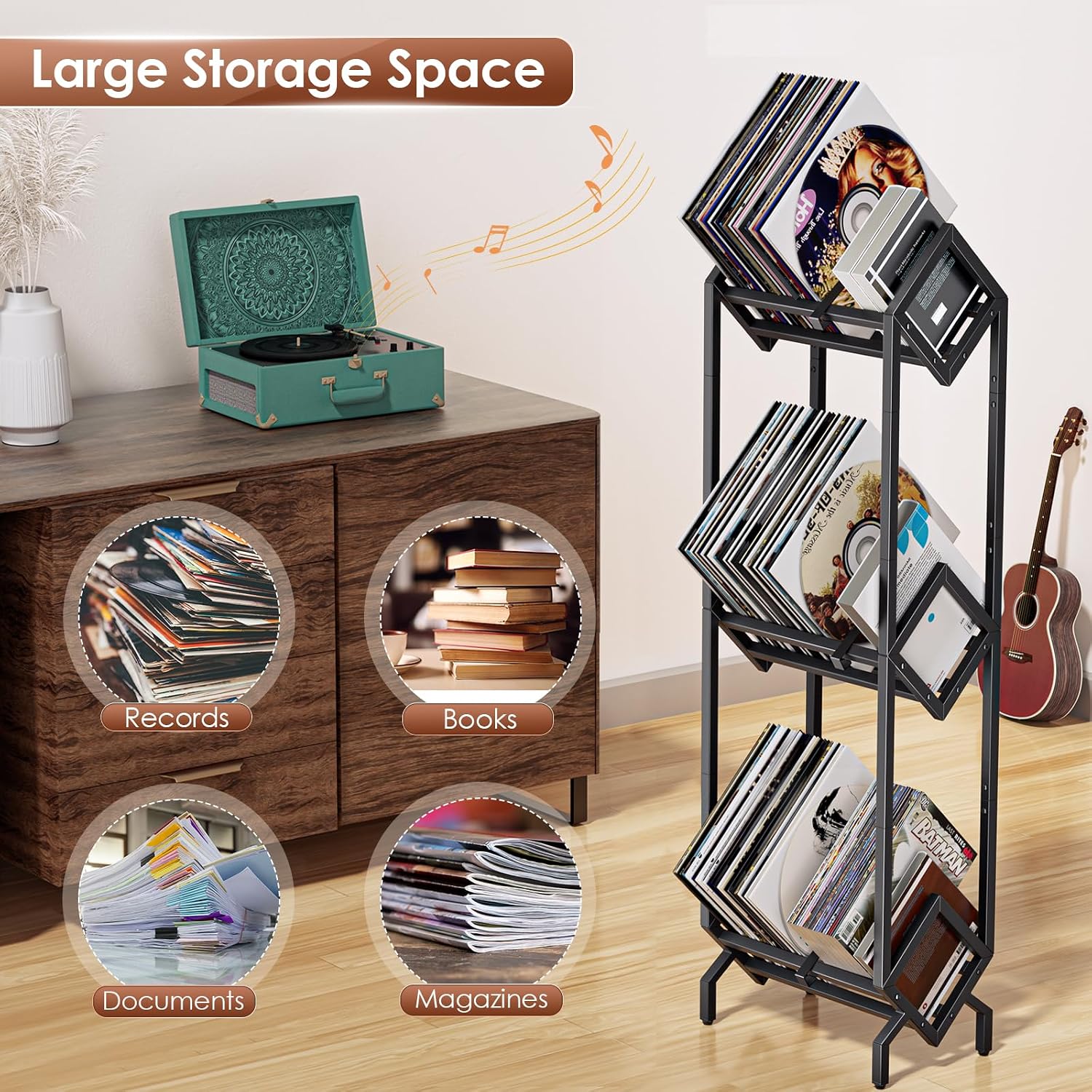 Vinyl Record Storage Rack, Record Holder 260-280 LP Storage Shelf Display Stand for Albums Books Magazines Files, Black