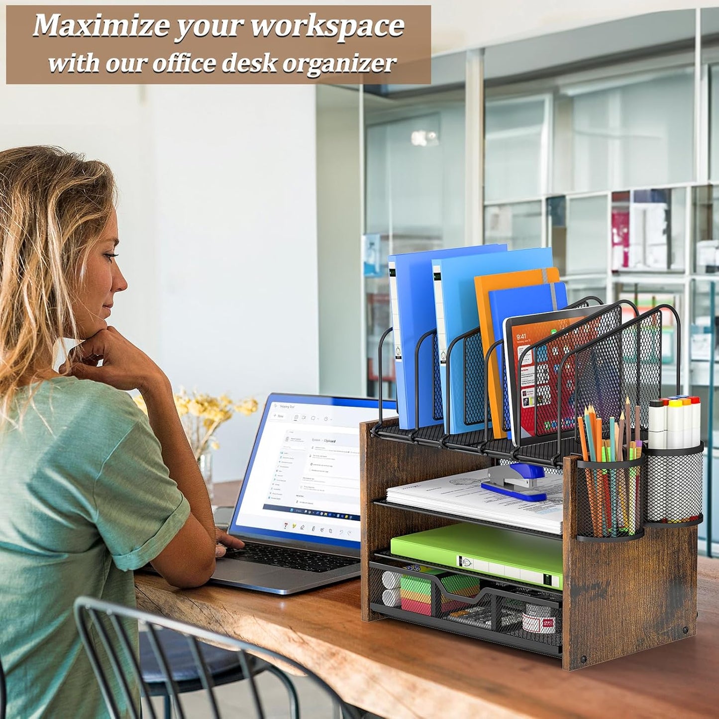 DAOUTIME 4-Tier Mesh Desk Organizer, Wooden Desk File Organizer with 5 Vertical File Holders and 2 Pen Holders, Desktop