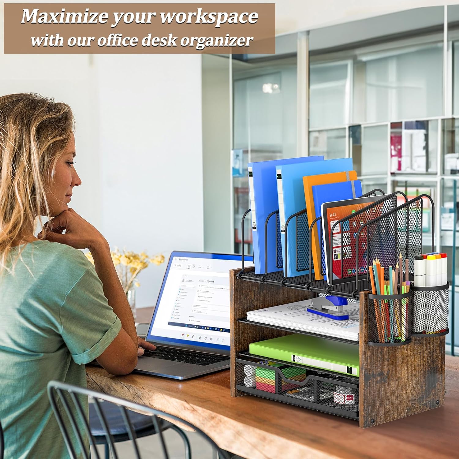 DAOUTIME 4-Tier Mesh Desk Organizer, Wooden Desk File Organizer with 5 Vertical File Holders and 2 Pen Holders, Desktop