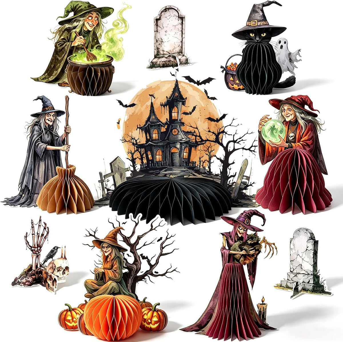 PAPER JAZZ Halloween Honeycomb Table Centerpieces, 9 Pcs Spooky Witch Halloween Decor with Haunted House Tombstone Skeleton Decorations, Halloween Party Desktop Ornaments for Indoor Home Dinner Table