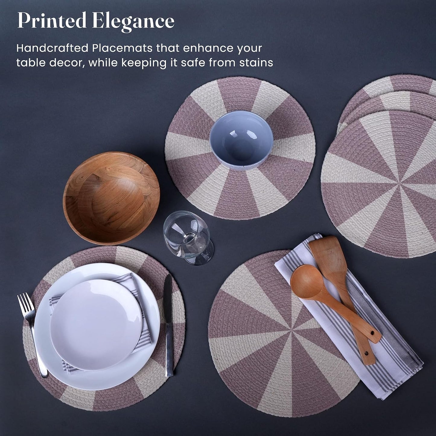 The Fine Living Braided Cotton Placemats, Round Table Mats, Set of 6,13.5" | Washable Anti-Slip Heat Resistant Braided