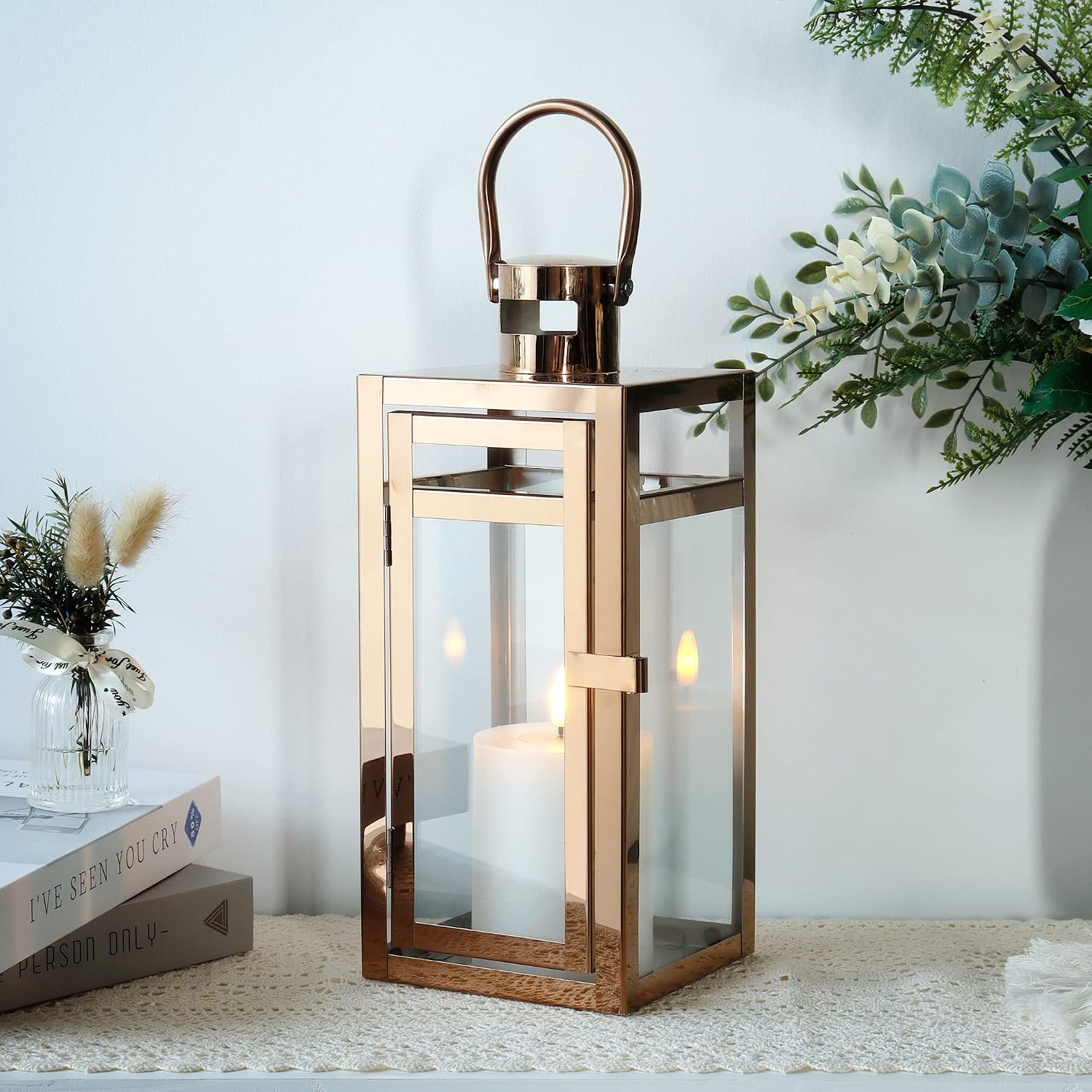 TRIROCKS Stainless Steel Decorative Lantern 12'' High Metal Candle Holder with Tempered Glass Perfect for Home Decor