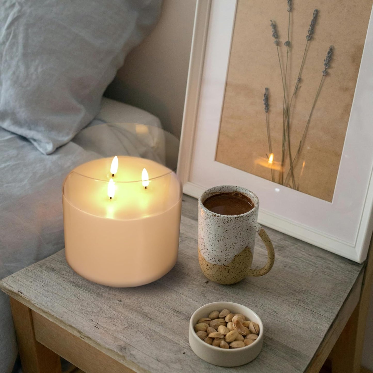 NICEME Extra Large 3 Wick Battery Operated Candle, 6"x6" Big Clear Glass Flameless Candles with Remote, Real Wax