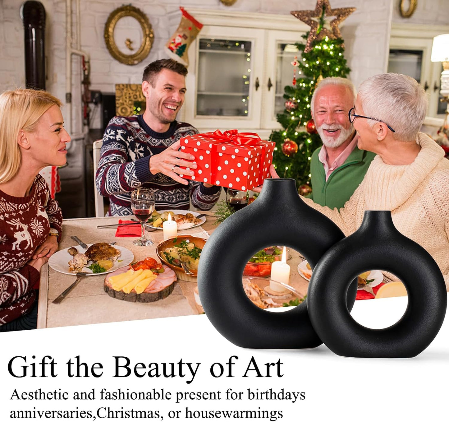 Ceramic Vase / Black / Donut / Set of 2
